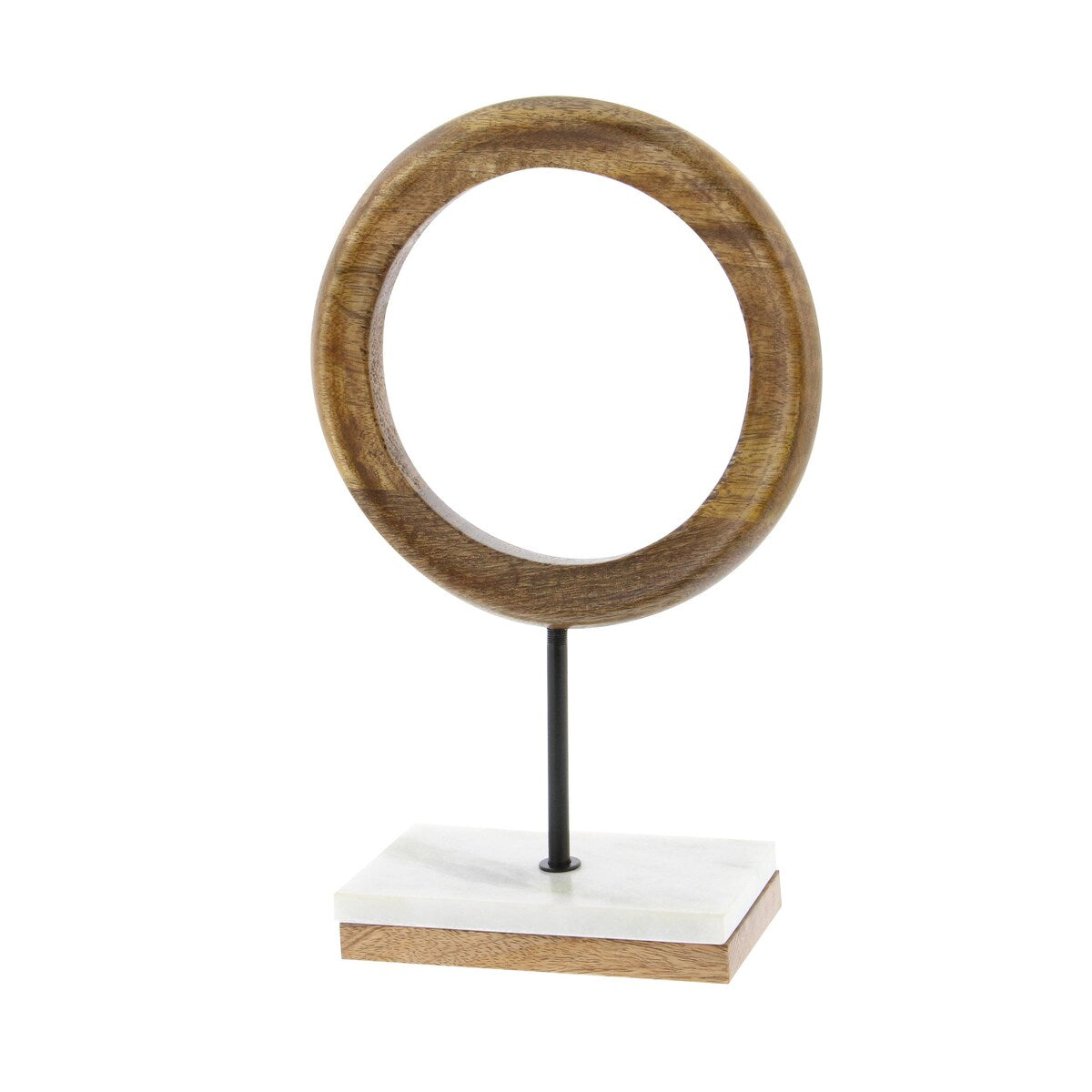 Mango Wood Geometric Circle Decorative Sculpture with Marble Stand - Brown - Roche River Decor