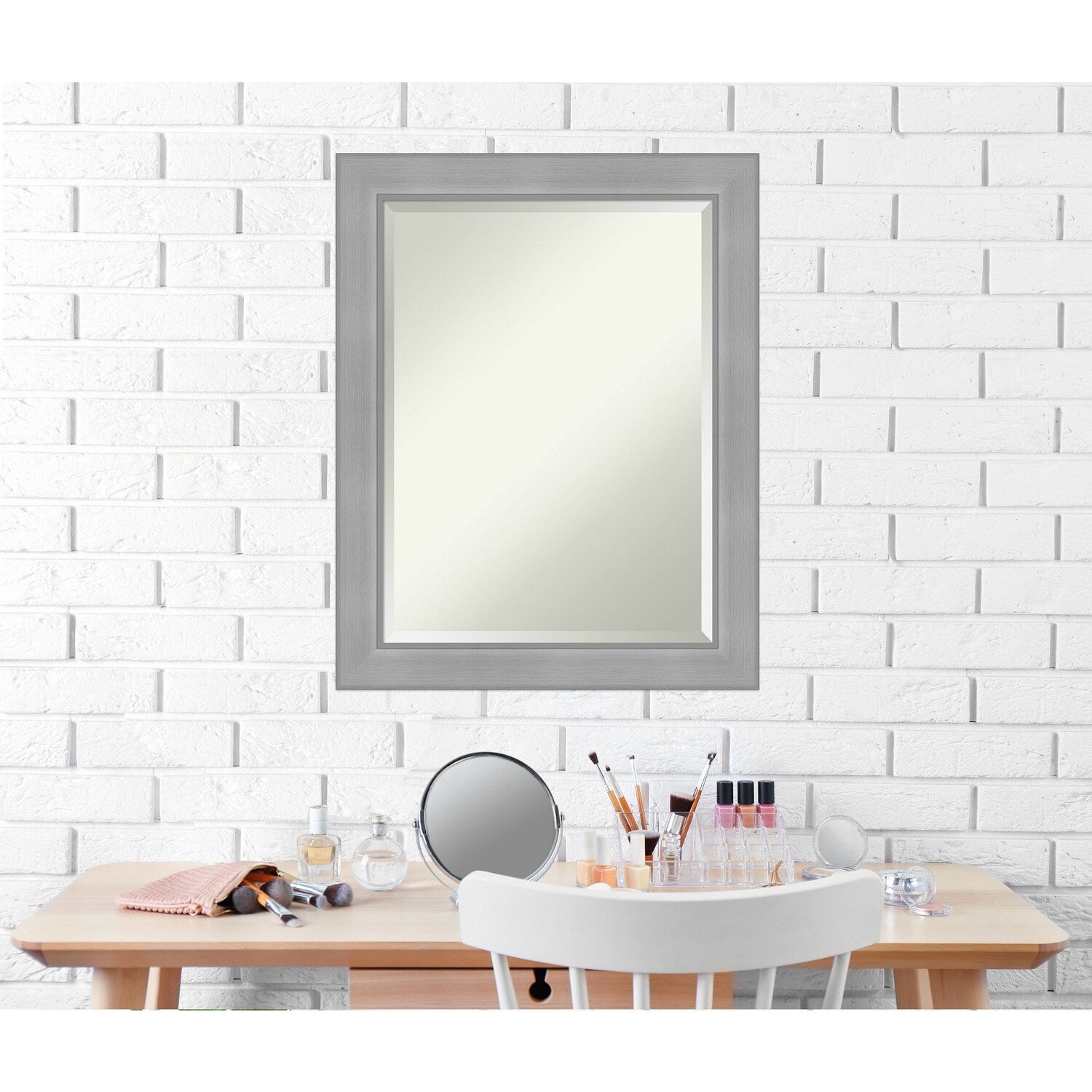 Beveled Bathroom Wall Mirror - Vista Brushed Nickel Frame