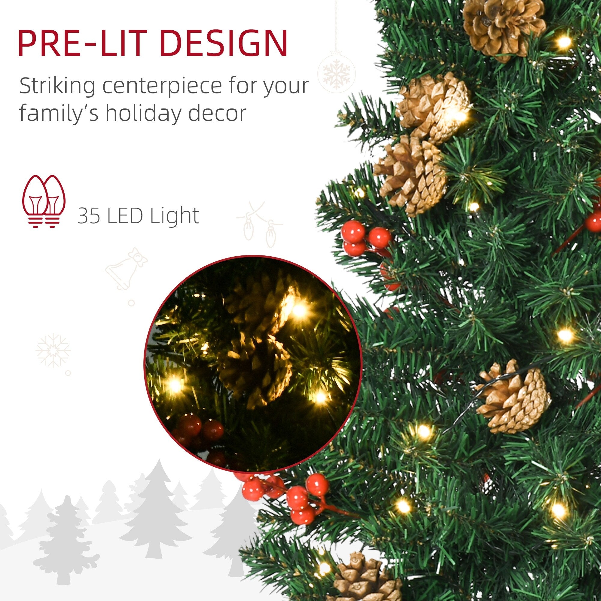 HOMCOM Prelit Holiday Christmas 4-Piece Set, Garland Wreath and Set of 2 Entrance Trees with Warm White LED Lights