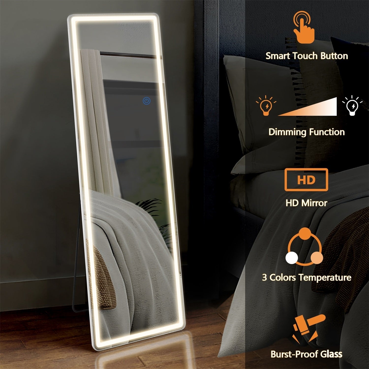 Floor Mirror with LED Light, Full Length Mirror with Stand, Hanging Mirror Wall Mounted Mirror, Full Body Mirror for Living Room