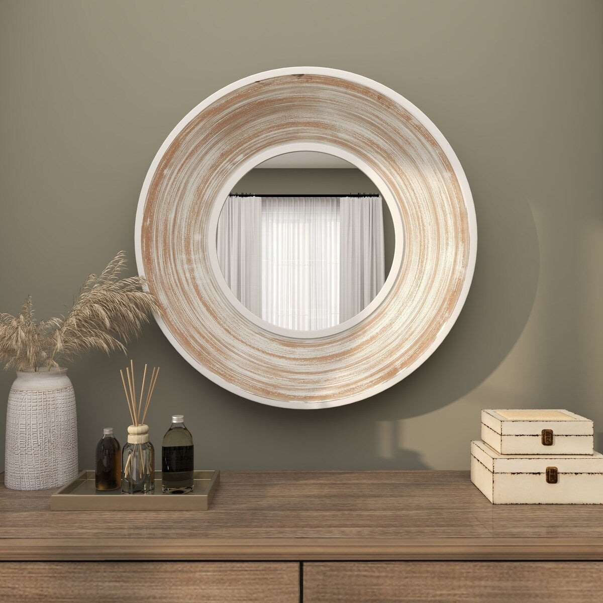 Wooden Room Wall Mirror with White Wash Effect - Cream - Roche River Decor