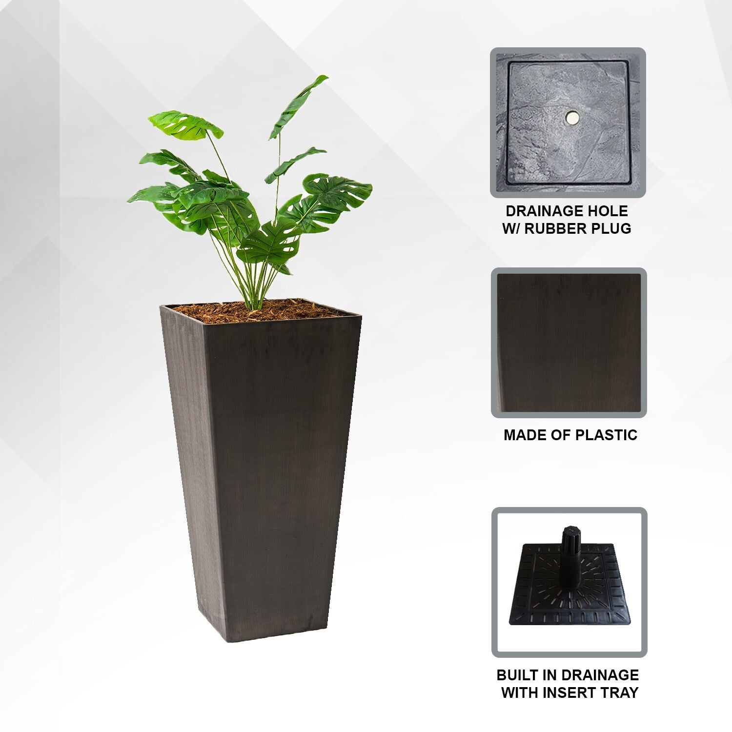 XBrand Modern 30-Inch Tall Modern Square Tapered Planter, Indoor & Outdoor