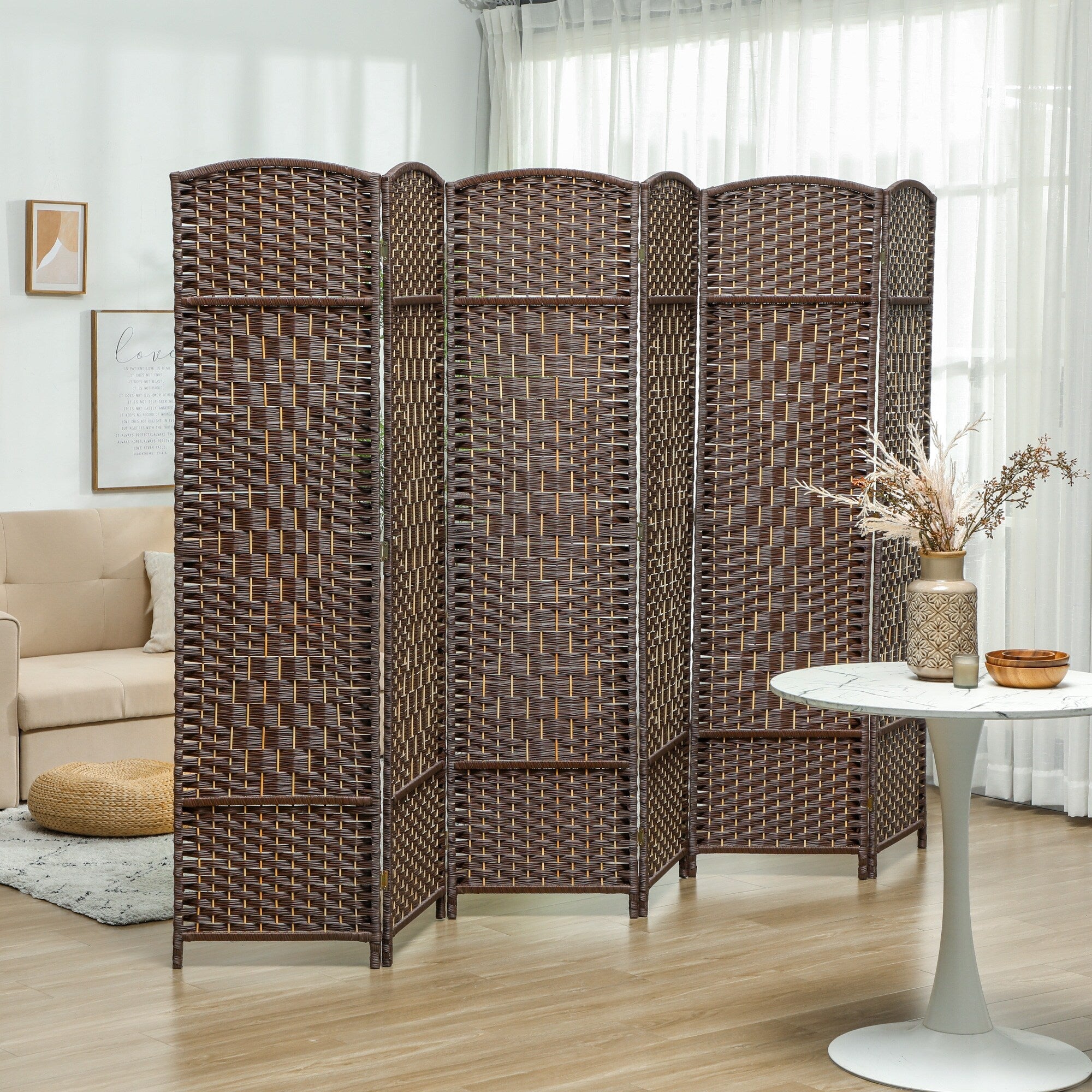 HOMCOM 6 Panel Room Divider, 6' Tall Folding Privacy Screen, Hand-Woven Freestanding Wall Partition