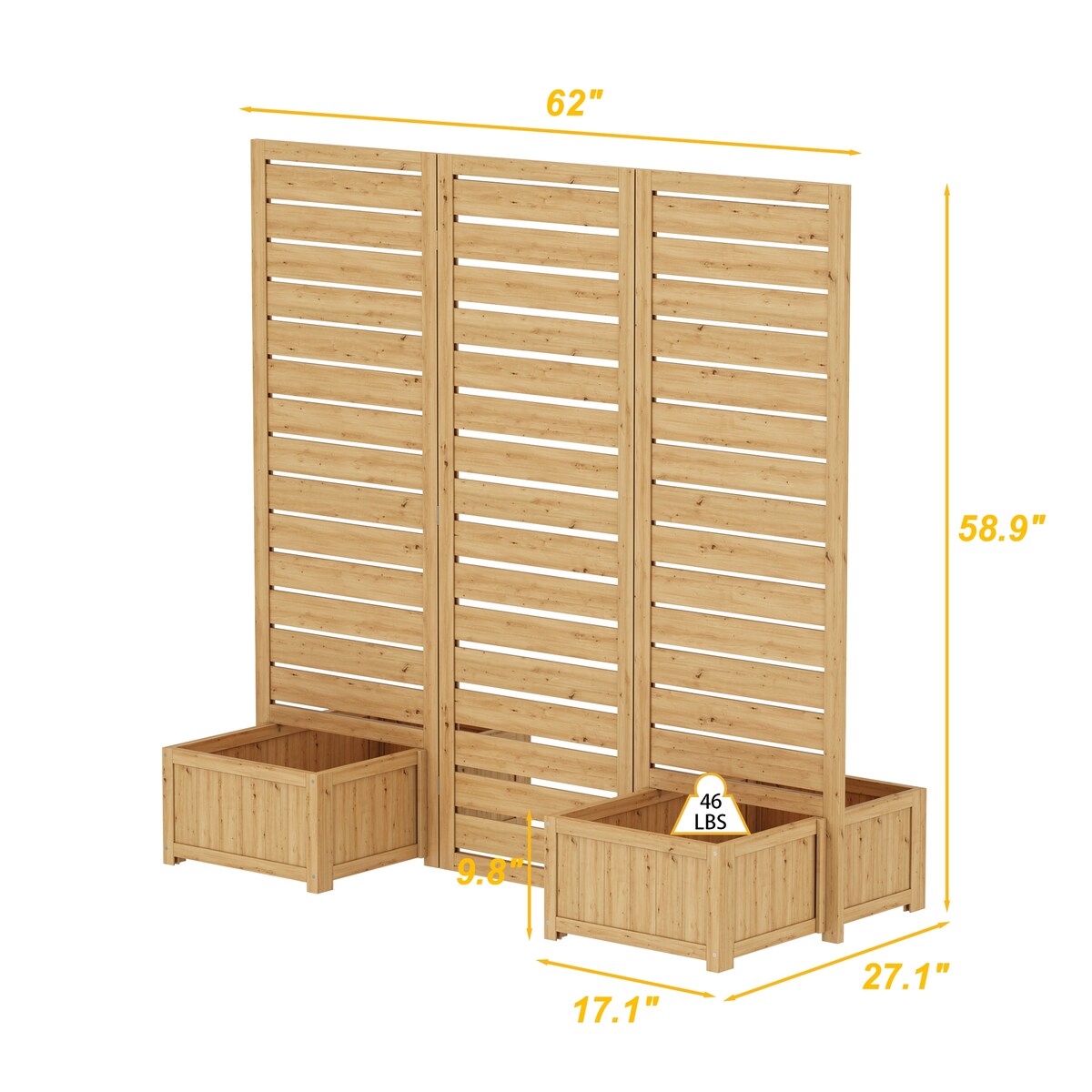 Cedar Tri-Fold Privacy Screen with 4 Planter Boxes, Weather-Resistant