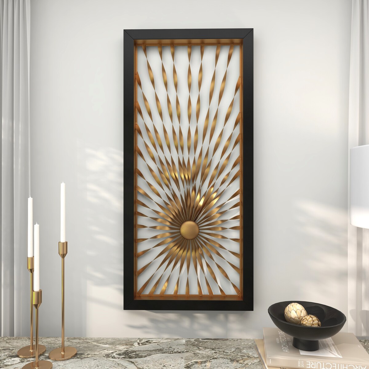 Metal Sunburst Coiled Ribbon Home Wall Decor with Black Frame - Gold - Roche River Decor