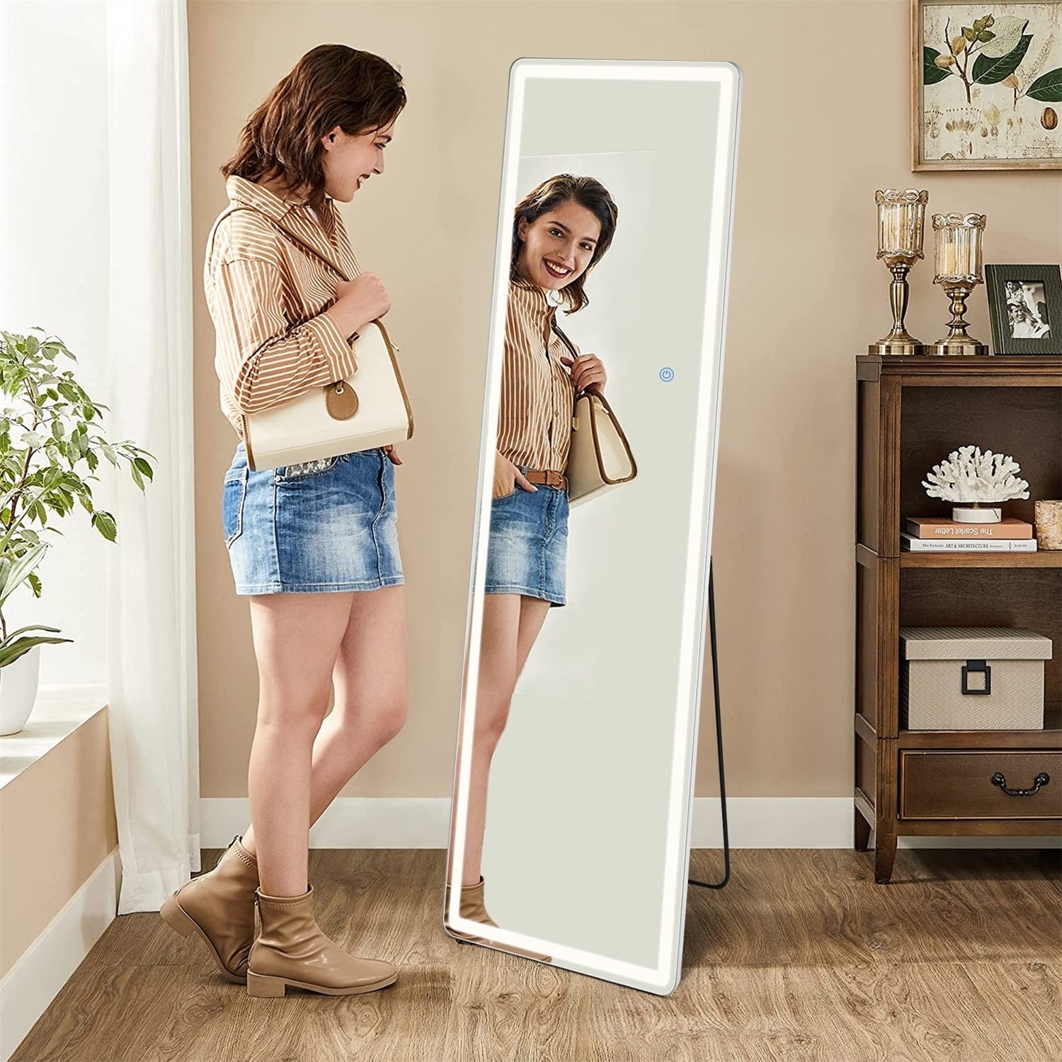 Floor Mirror with LED Light, Full Length Mirror with Stand, Hanging Mirror Wall Mounted Mirror, Full Body Mirror for Living Room