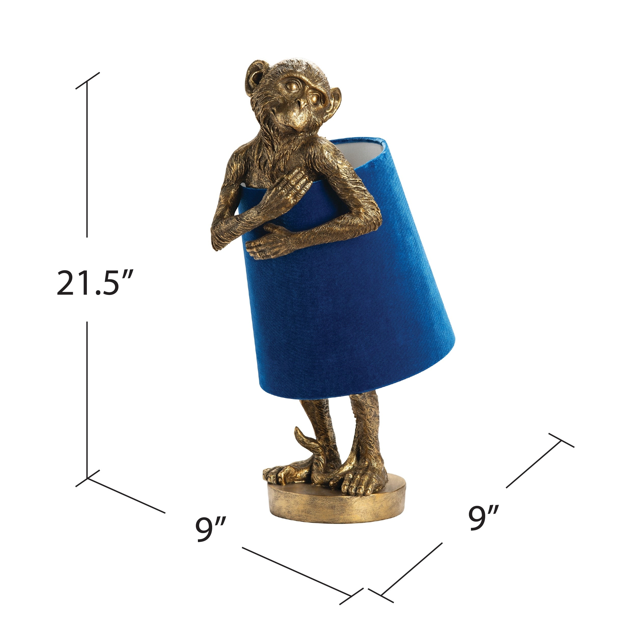 Chester Gold Monkey Table Lamp w/Blue Velvet Shade - 9 x 9 x 21.5