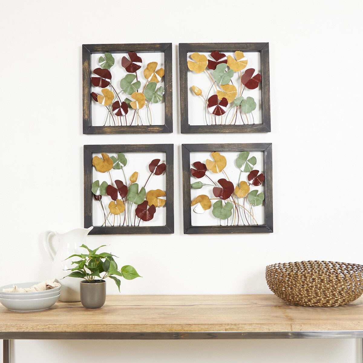 Metal Floral Home Wall Decor with Black Frame - Set of 4 Multi Colored - Roche River Decor