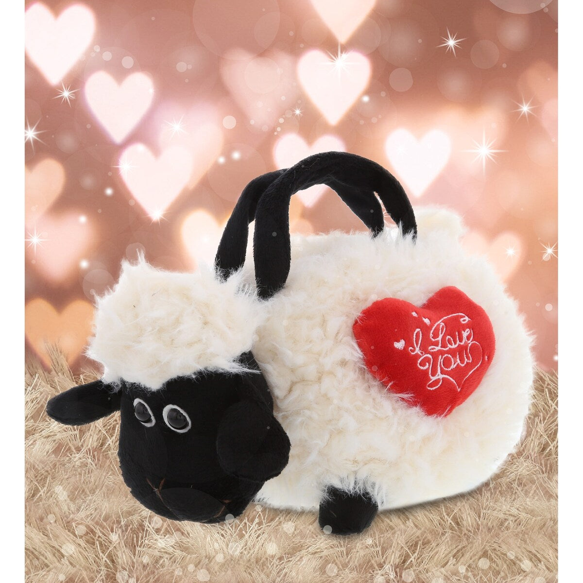 DolliBu I LOVE YOU Super Soft Plush Black Nose Sheep Handbag w/ Heart - 8.5 inches long