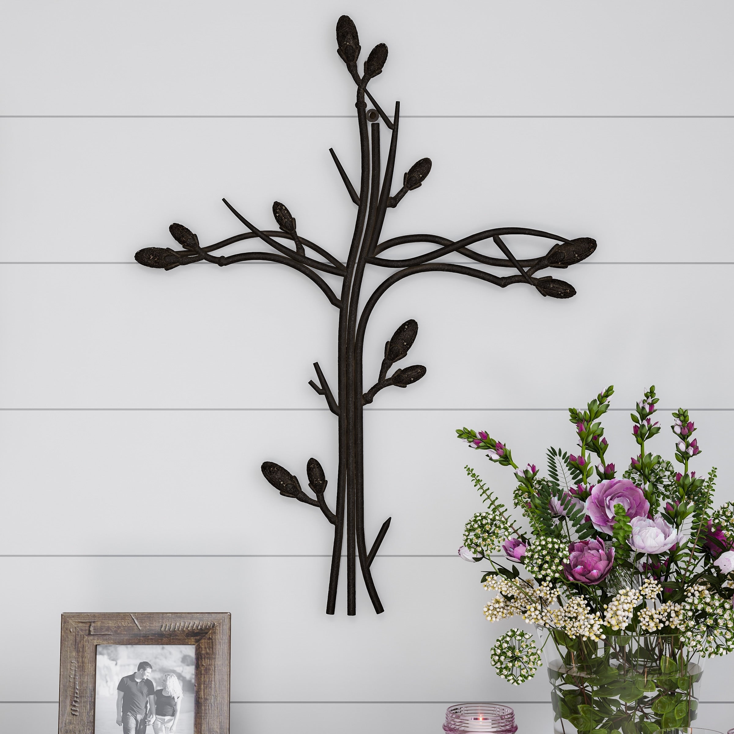 Lavish Home 3D Iron Metal Wall Cross with Decorative Intertwined Vine Design