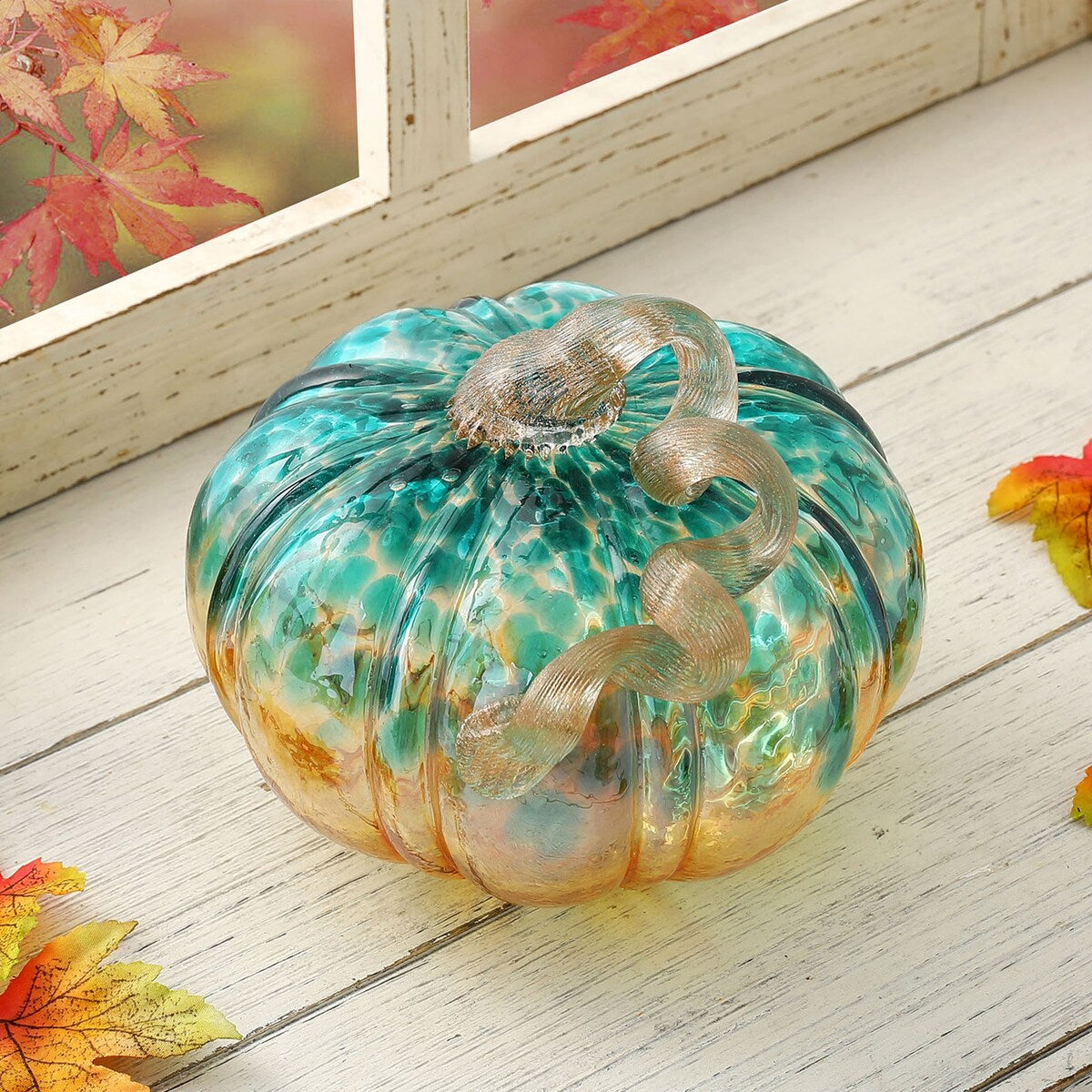 Glitzhome Fall Harvest Hand Blown Glass Pumpkin for Thanksgiving Decor