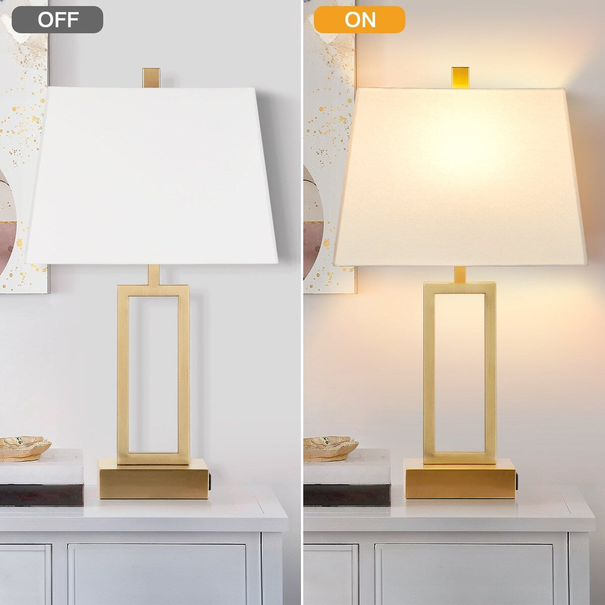 Gold Door Style Table Lamps with USB and Type-C Charging Ports AC Socket and 3-Way Touch Dimming Switch (Set of 2)