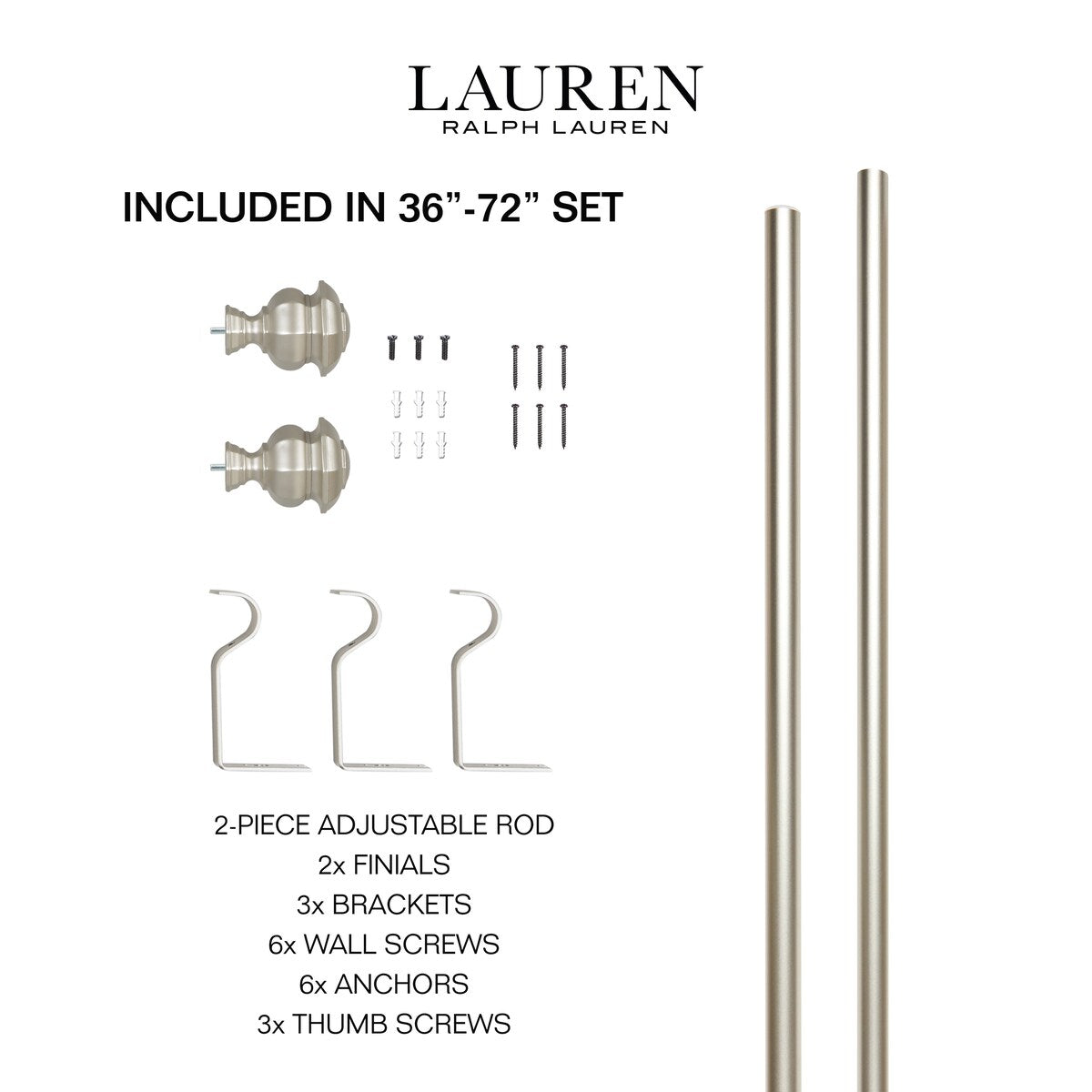 Lauren Ralph Lauren Welford 1 Adjustable Window Curtain Rod and Finial Set