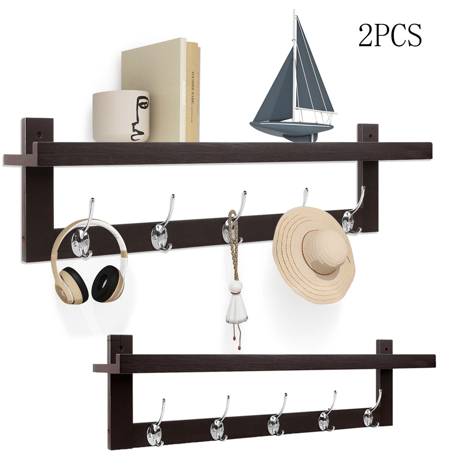 Wall Hooks, Entryway Wall Hanging Shelf Wood Coat Hooks Rack with Hooks for Bathroom, Living Room, Bedroom