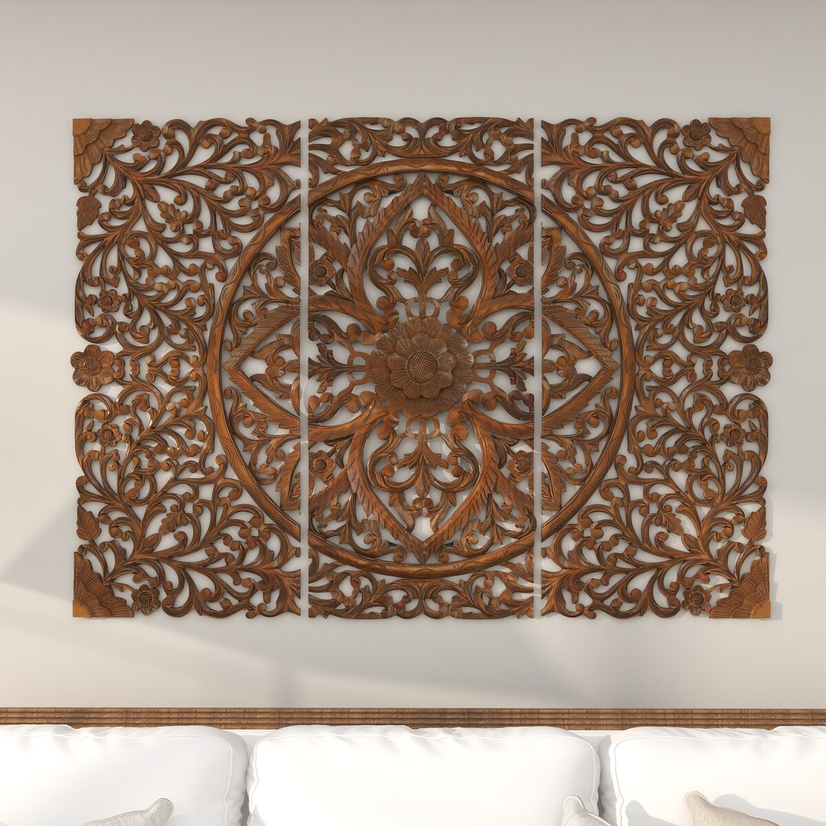 Wooden Floral Handmade Intricately Carved Home Wall Decor - Set of 3 Brown - Roche River Decor