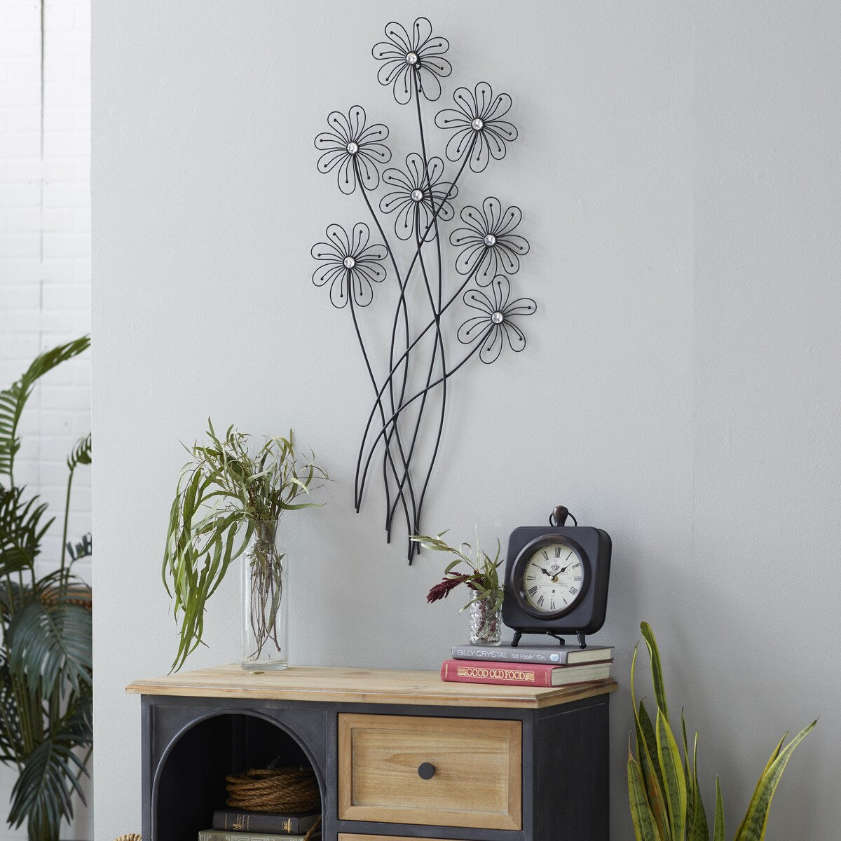 Metal Floral 3D Wire Home Wall Decor with Crystal Embellishments - Black - Roche River Decor