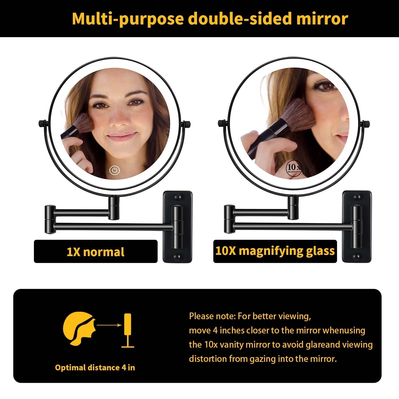 8 Round Wall Mount Bathroom Makeup Mirror, Rechargeable, Magnification 1x/10x, 3 Color Lights