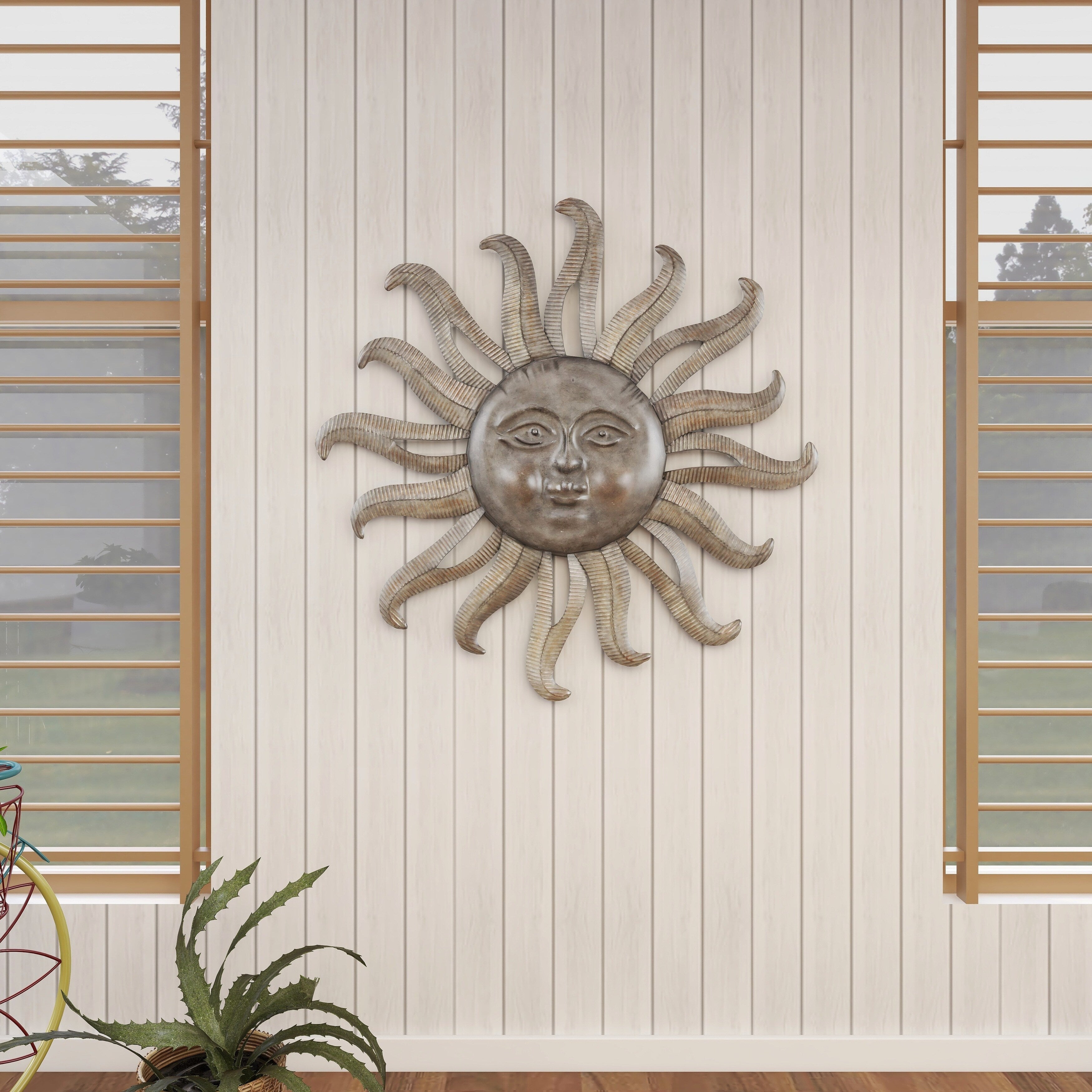 Metal Sun Indoor Outdoor Face Home Wall Decor with Ribbed Detailing - Gray - Roche River Decor