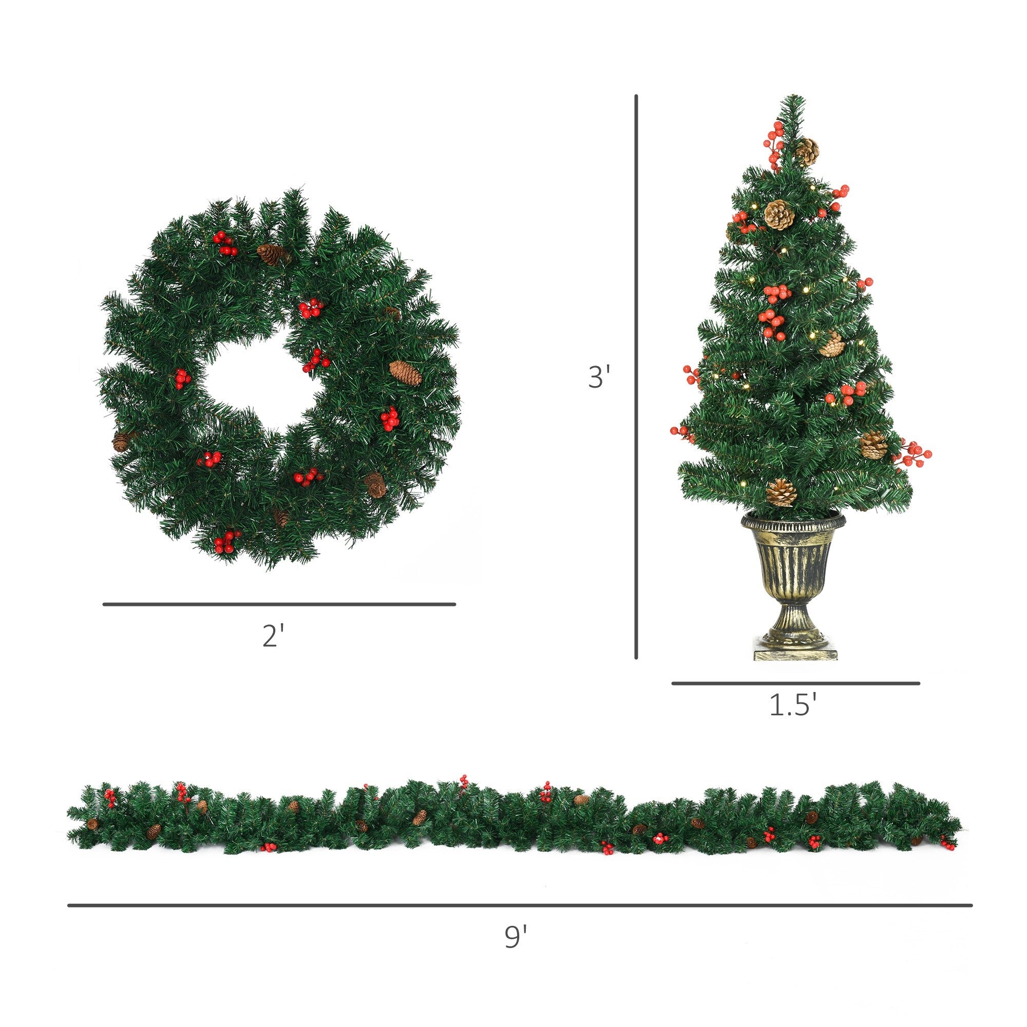 HOMCOM Prelit Holiday Christmas 4-Piece Set, Garland Wreath and Set of 2 Entrance Trees with Warm White LED Lights