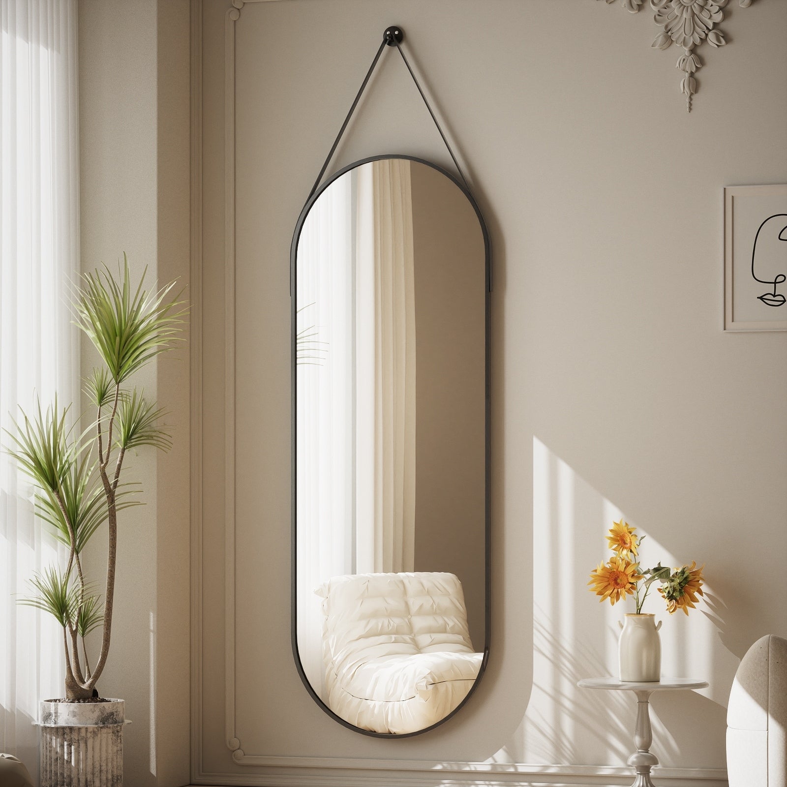 48 x 16 Full Length Hanging Wall Mirror with Leather Strap