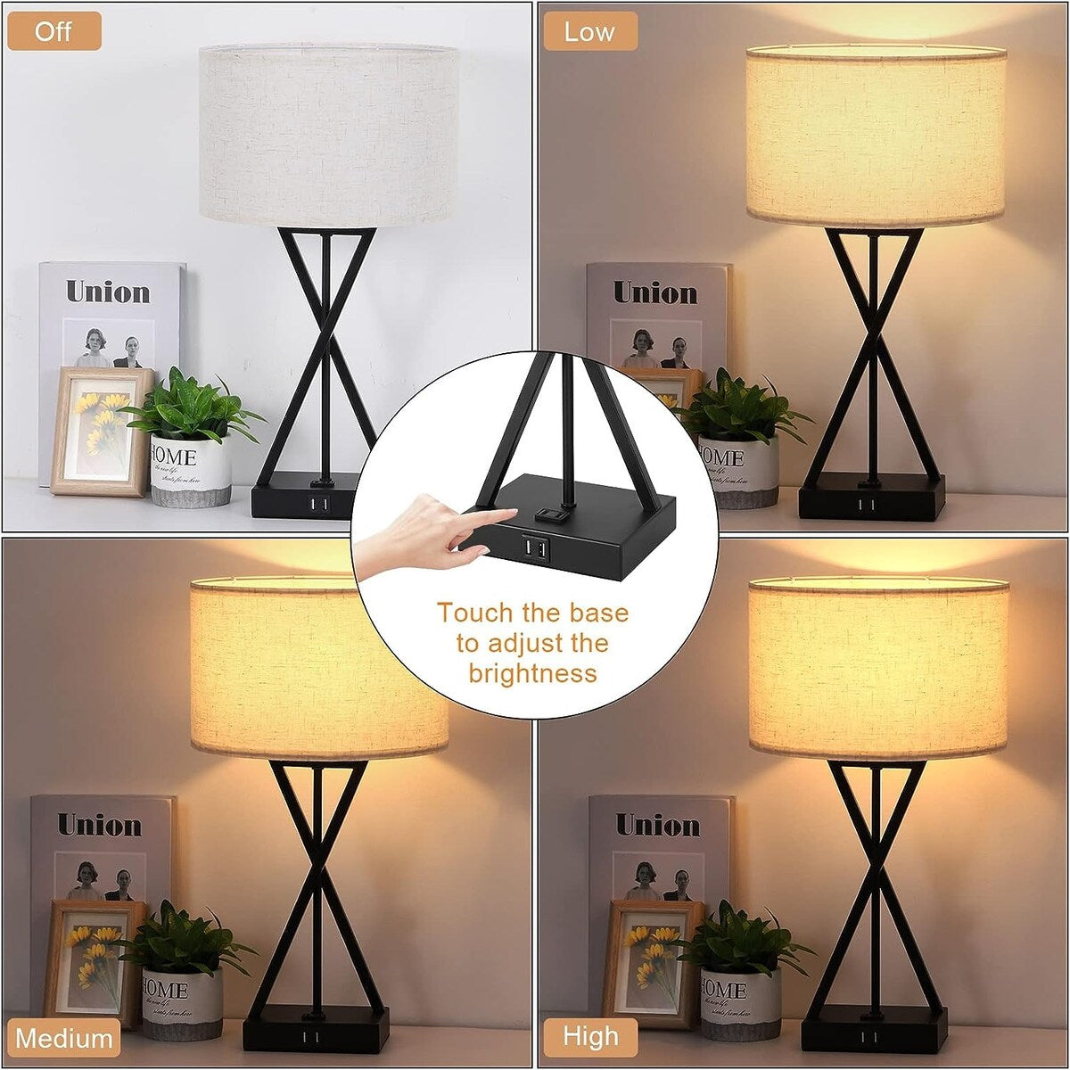 Set of 2 Table Lamps with Dual USB Ports and AC Outlet, 3-Way Dimmable - 2PCS