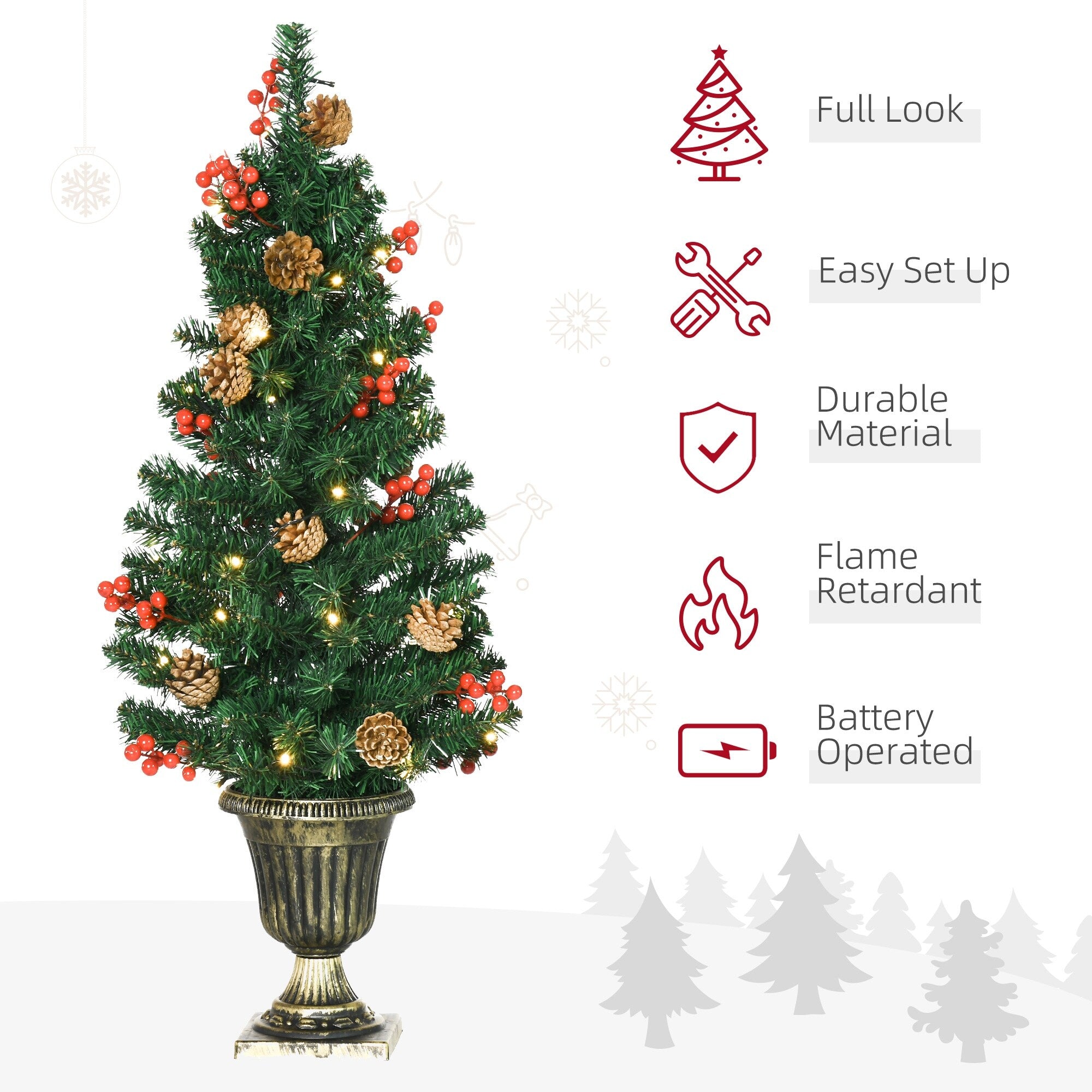 HOMCOM Prelit Holiday Christmas 4-Piece Set, Garland Wreath and Set of 2 Entrance Trees with Warm White LED Lights