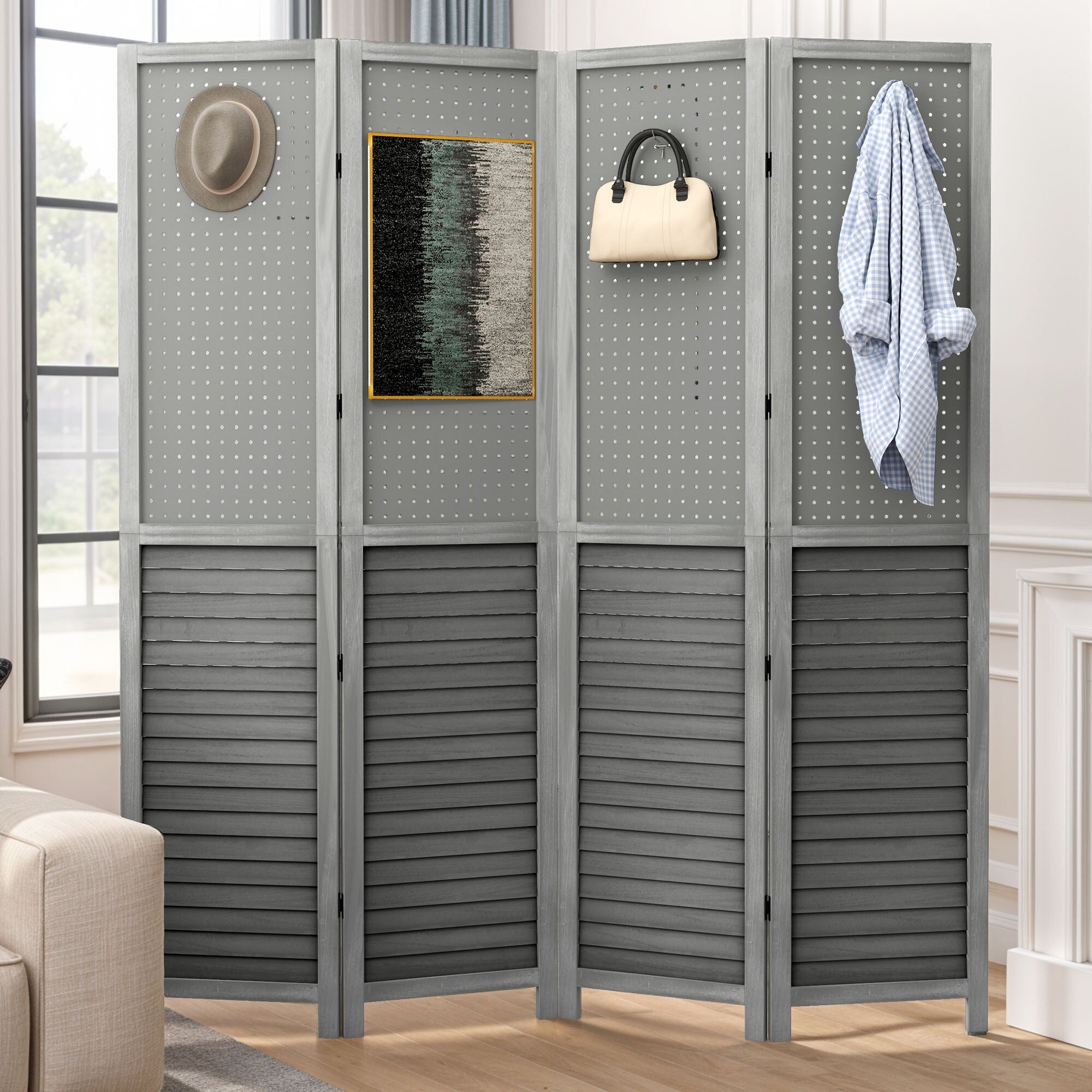 Moasis 67 White 4-Panel Wood Room Screen Divider