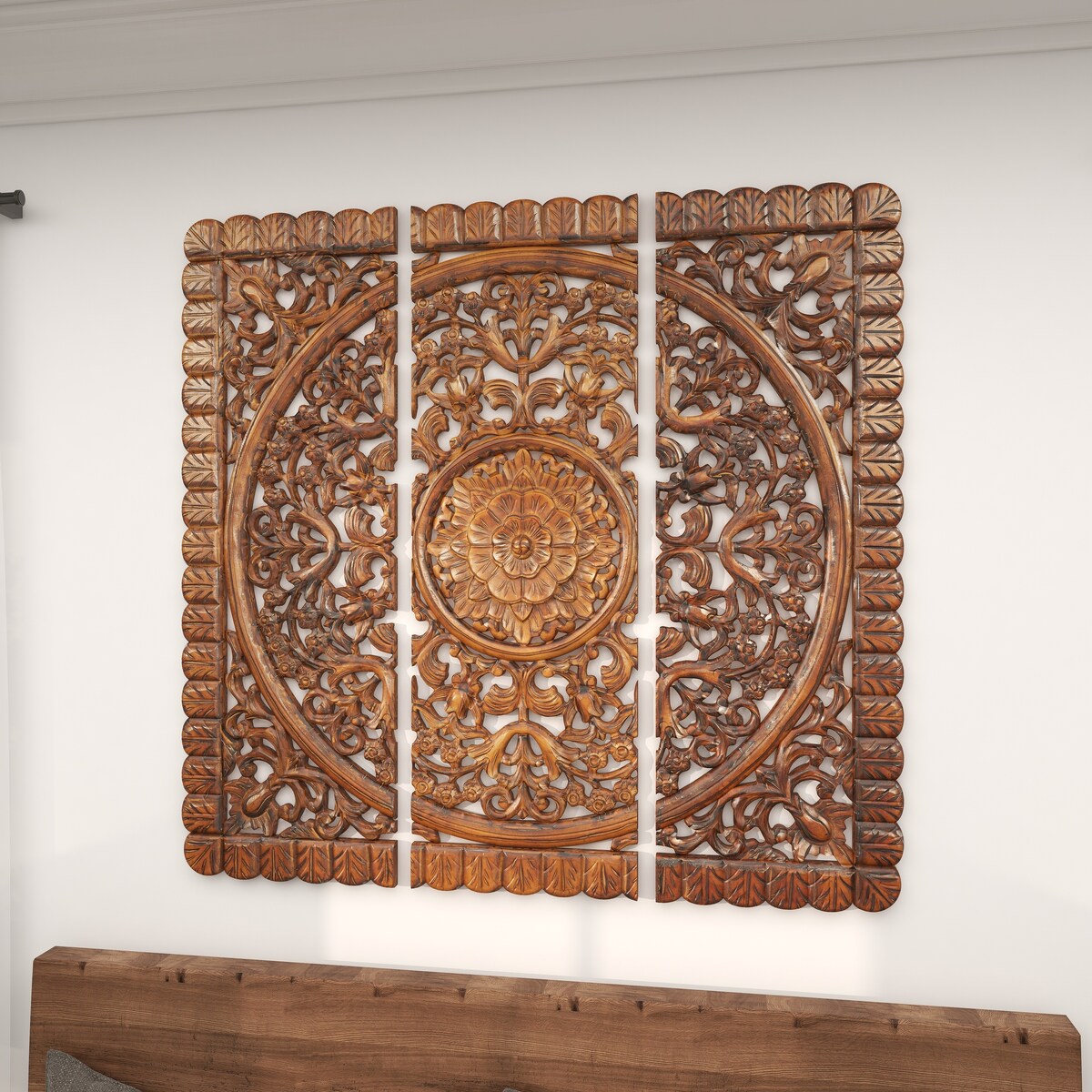 Wooden Floral Handmade Intricately Carved Mandala Panel Home Wall Decor - Set of 3 Brown - Roche River Decor