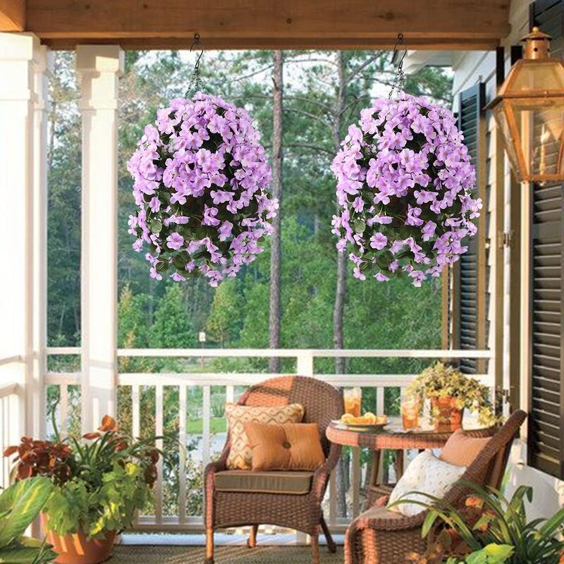 Artificial Plant Hanging Basket, 15.7' x 15.7' x 21.6', Blue, 4pcs Begonias Silk Flowers, for Patio Garden Decor