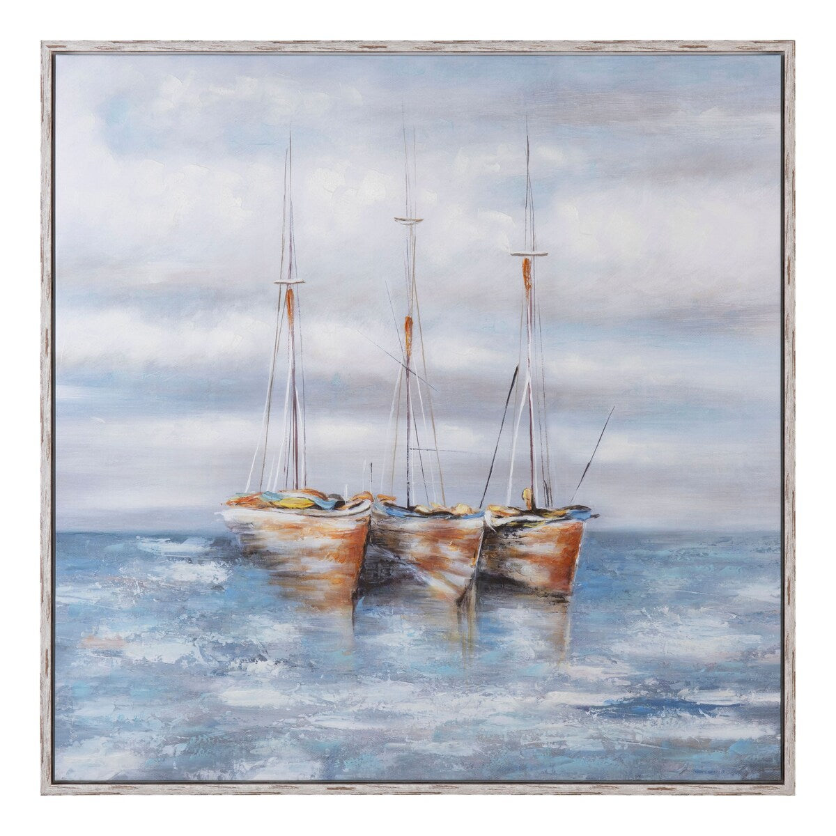 Triple Sailings Canvas Wall Art with White Frame - Blue