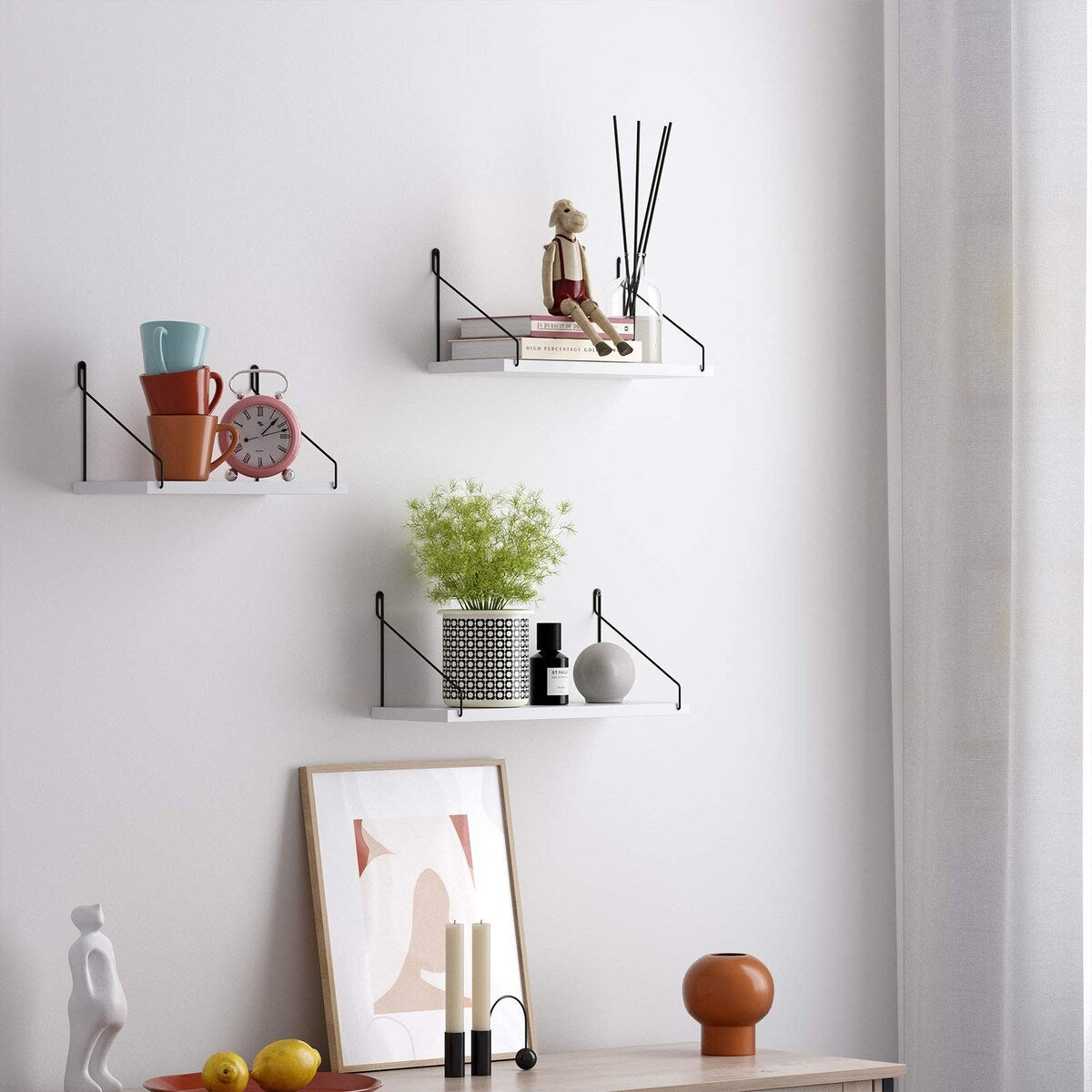 6 PCS / 2 Sets Floating Shelves, Wall Mounted Shelf for Bathroom Decor, Bedroom, Living Room and Plants