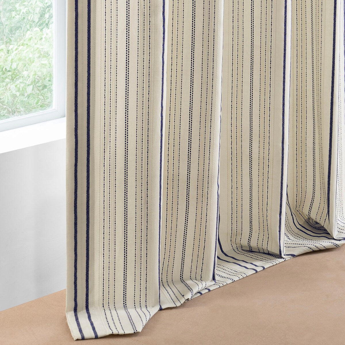 Exclusive Fabrics Striped Blue Linear Cotton Light Filtering Curtains For Bedroom & Living Room Curtains Pair (2 Panels)