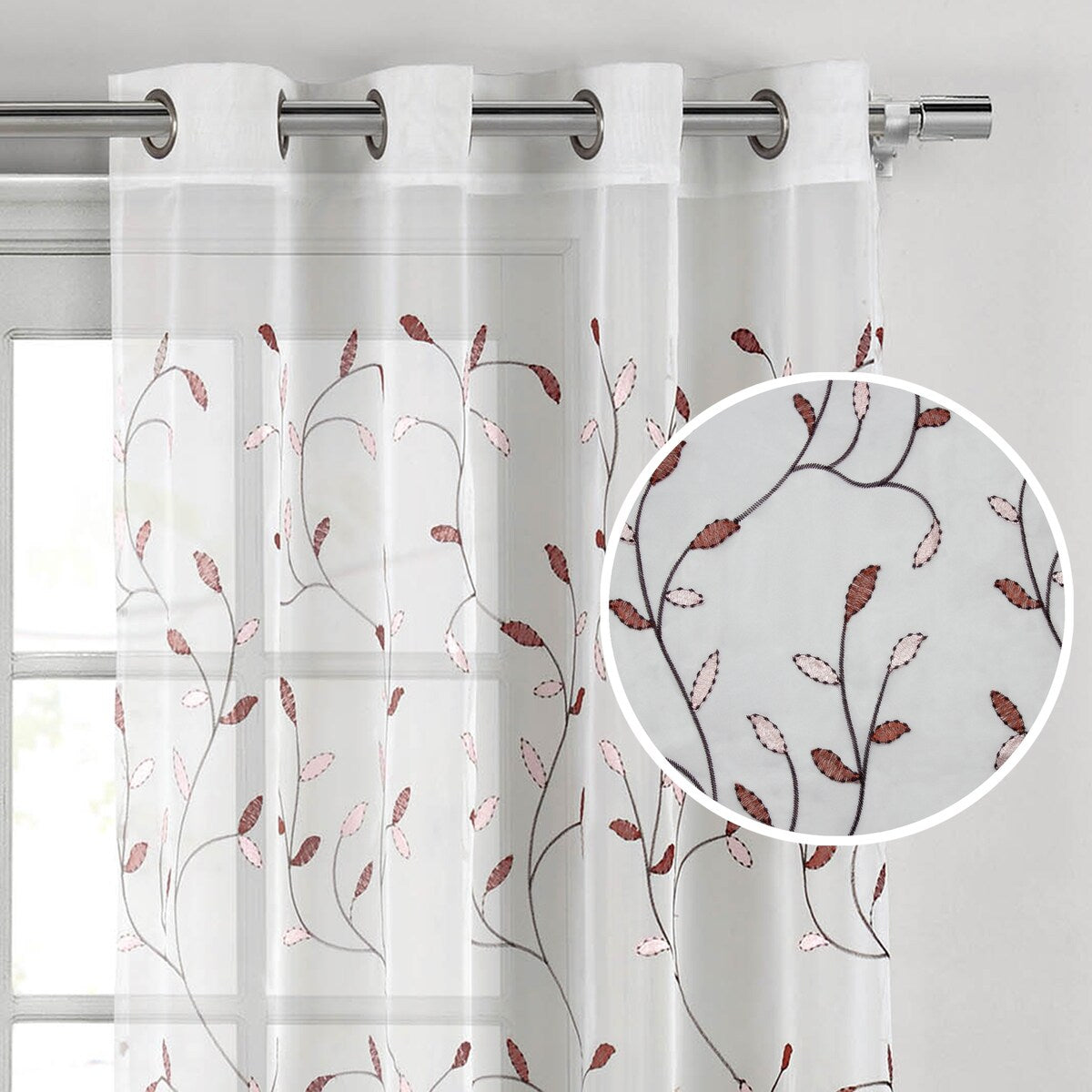 Wavy Leaves Embroidered Sheer Extra Wide Window Curtain (Single Panel)