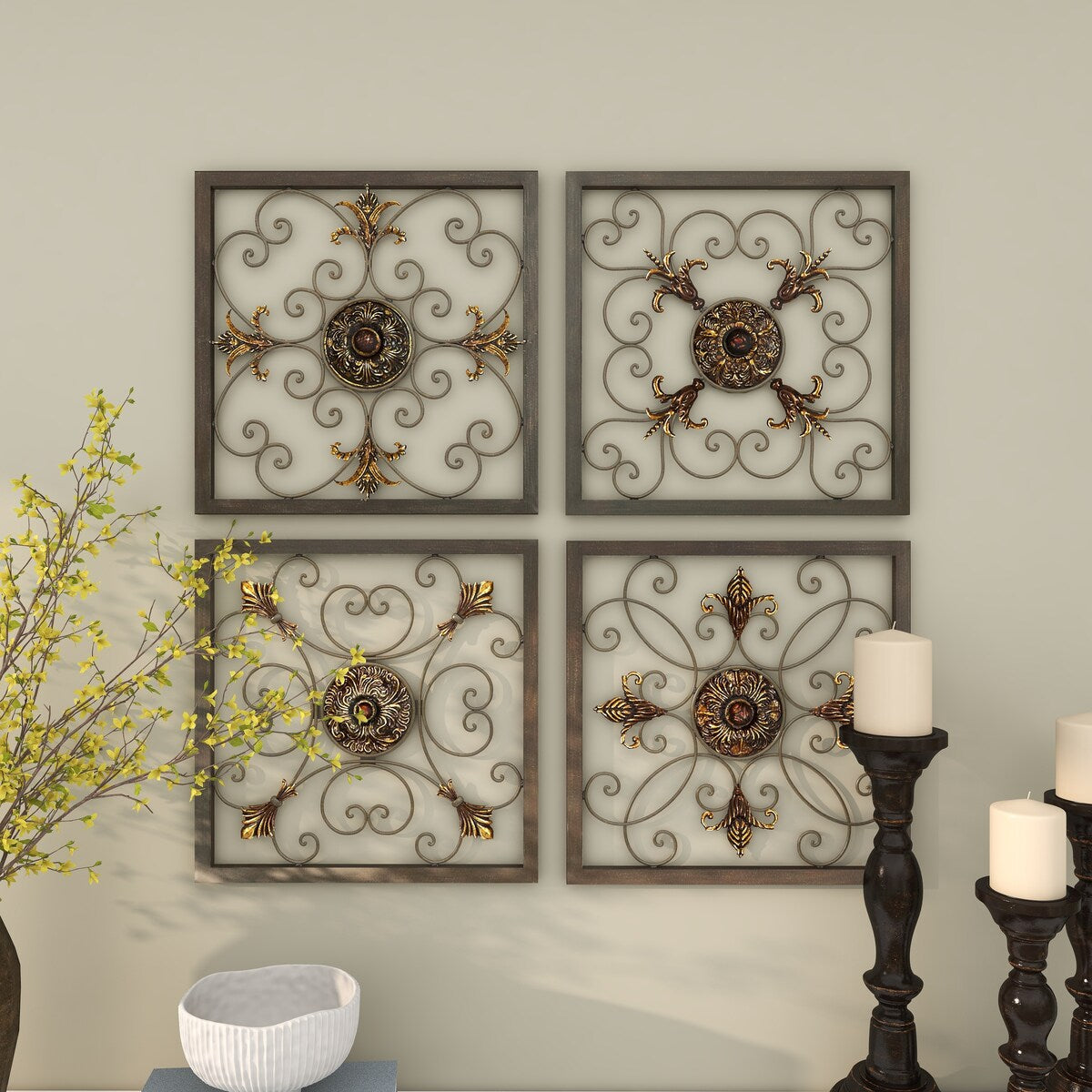 Metal Fleur De Lis Wire Scroll Home Wall Decor with Gold Accents - Set of 4 Brown - Roche River Decor