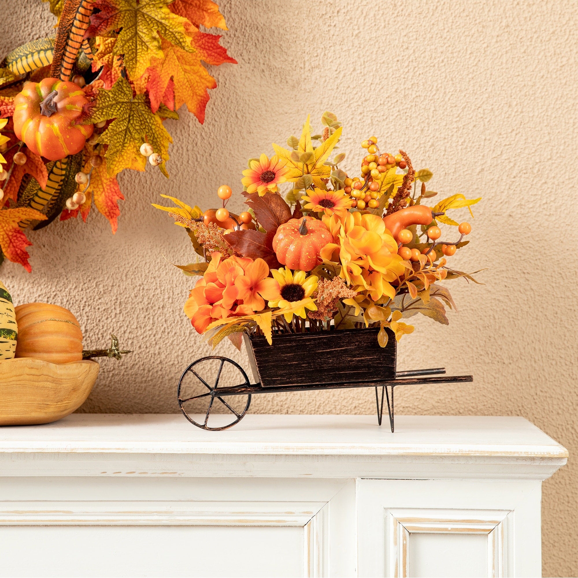 Glitzhome 14L Fall Unique Floral Cart Centerpiece Thanksgiving Table Decor