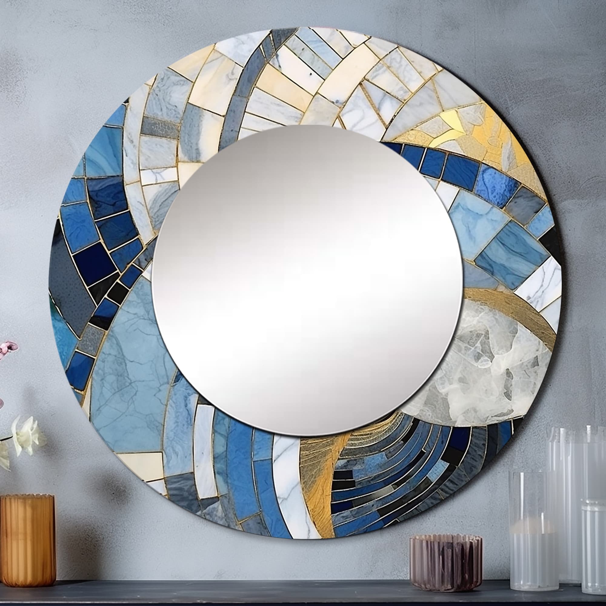 Designart Gold Constructing Blue Realms I Abstract Shapes Round Mirror - Modern Blue Living Room Mirror