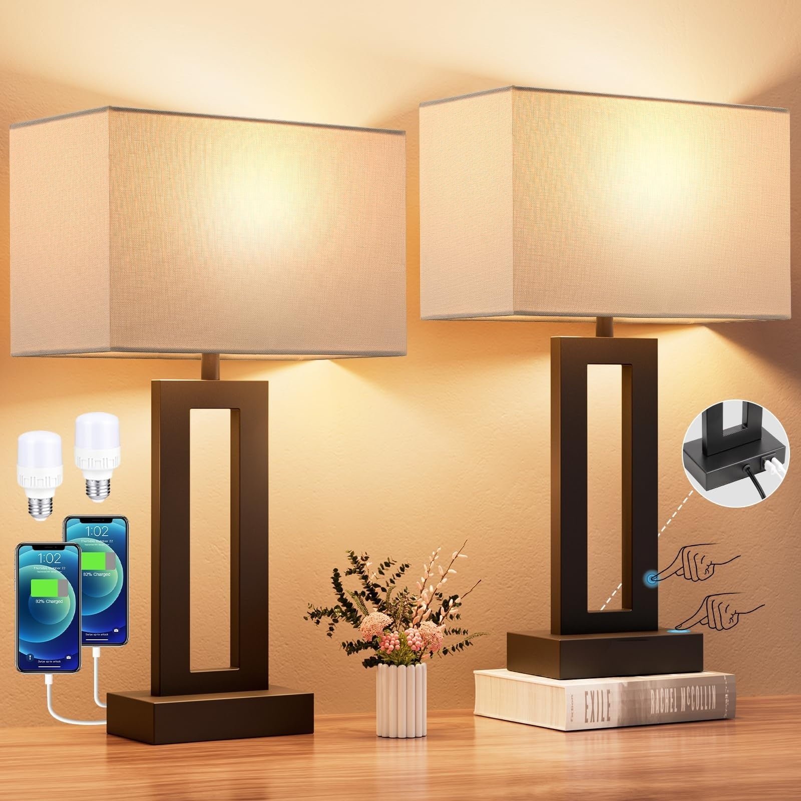 Nightstand Table Lamps for Bedrooms Set of 2 - Touch Bedside Lamp with USB C+A, 3 Way Dimmable Living Room Lamps