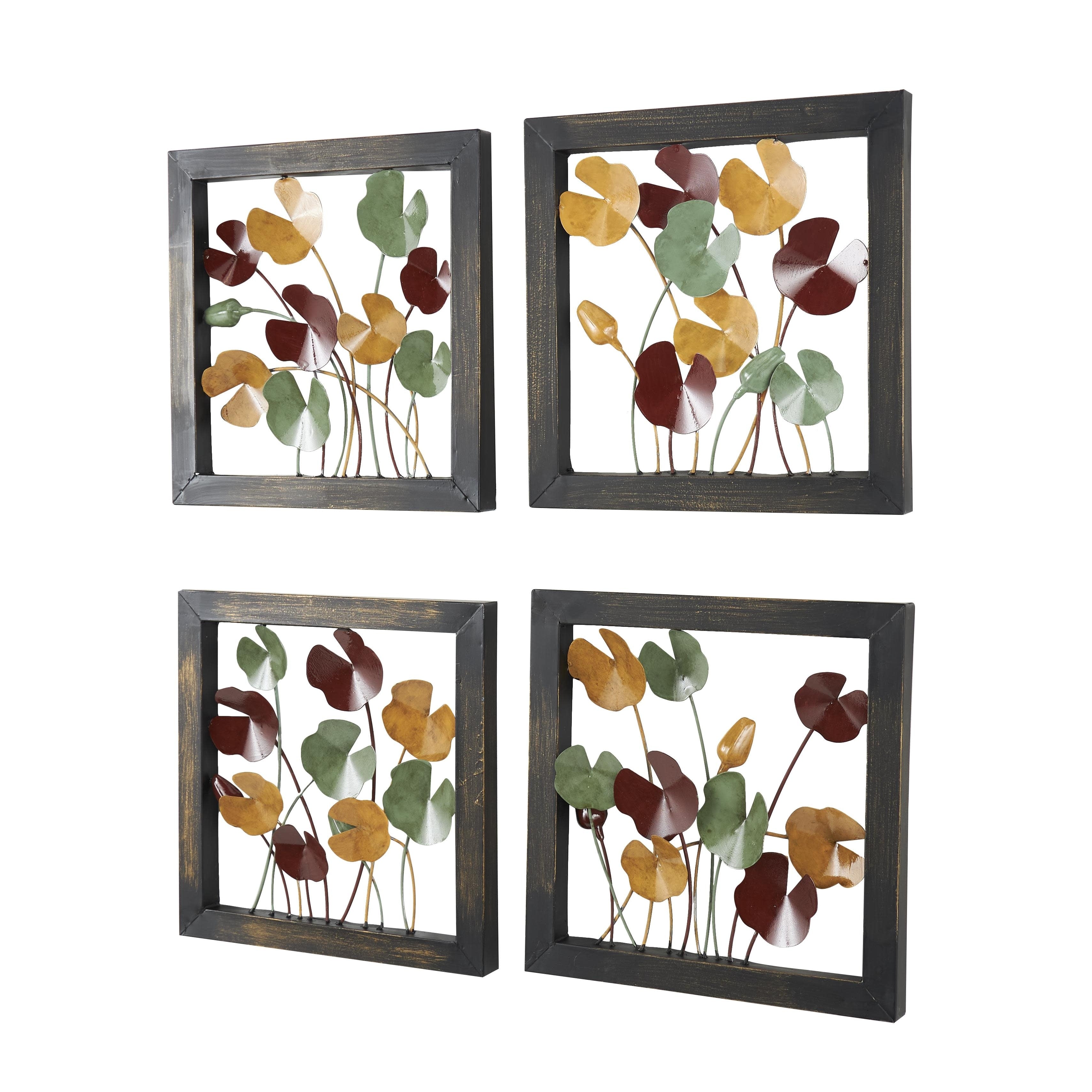 Metal Floral Home Wall Decor with Black Frame - Set of 4 Multi Colored - Roche River Decor