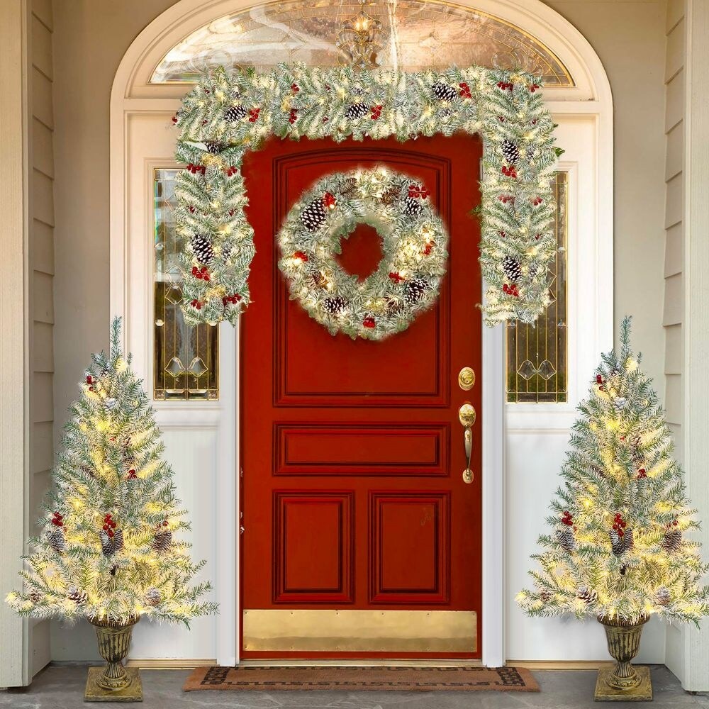 Pre-lit Artificial Christmas 4-Piece Set,Garland, Wreath and Set of 2 Entrance Trees