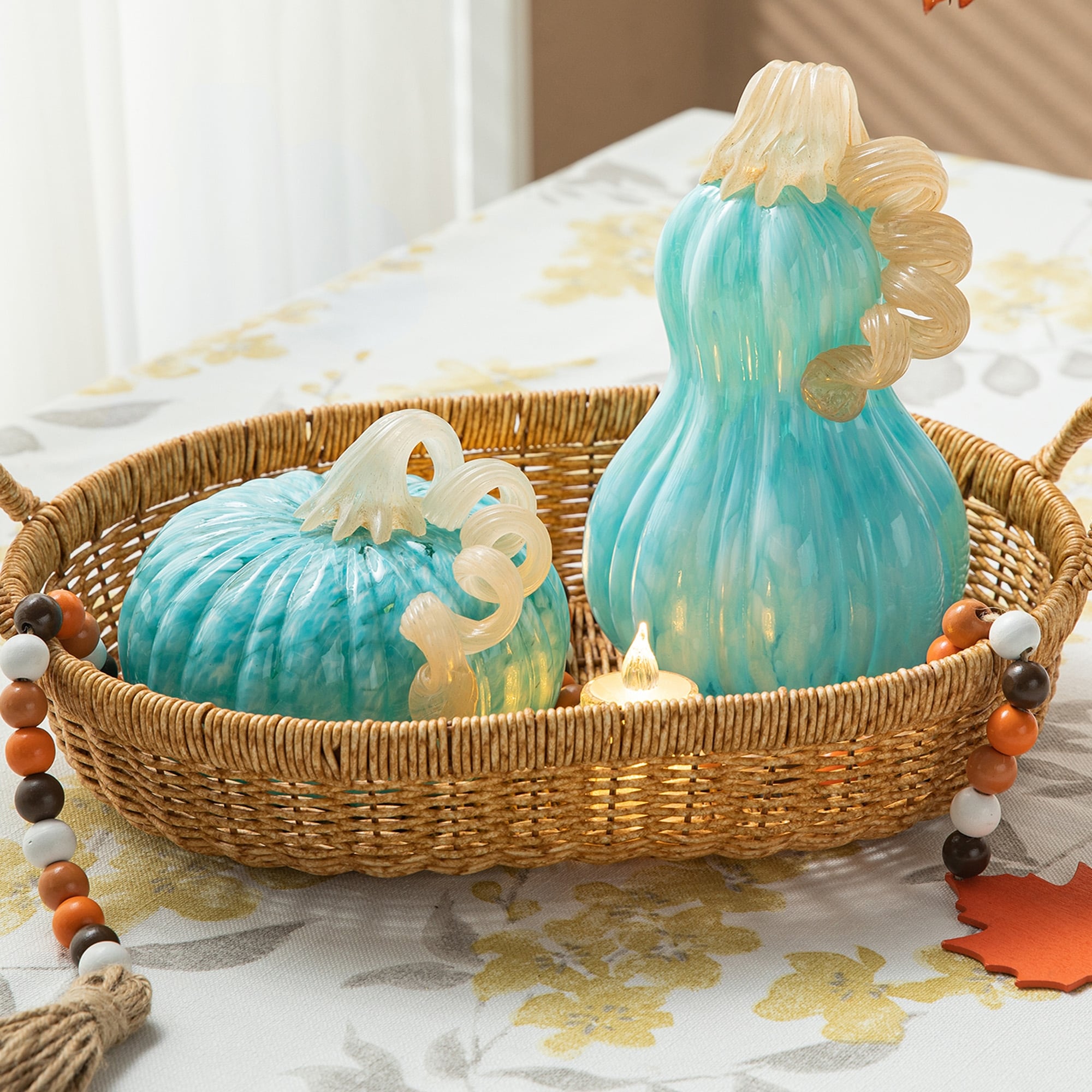 Glitzhome Fall Harvest Amber Dots Blue Round Glass Pumpkin Thanksgiving Accent