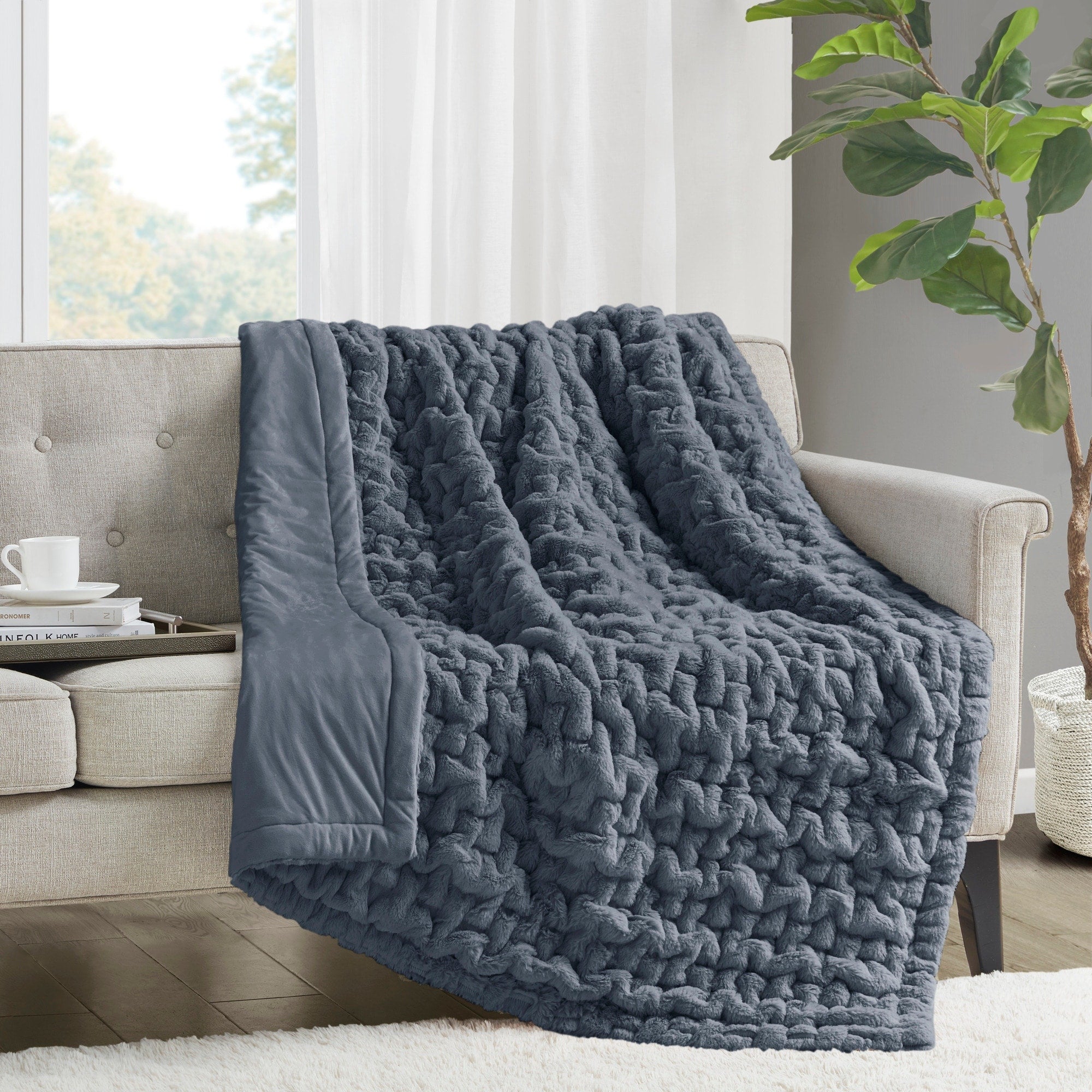 Madison Park Ruched Fur Throw