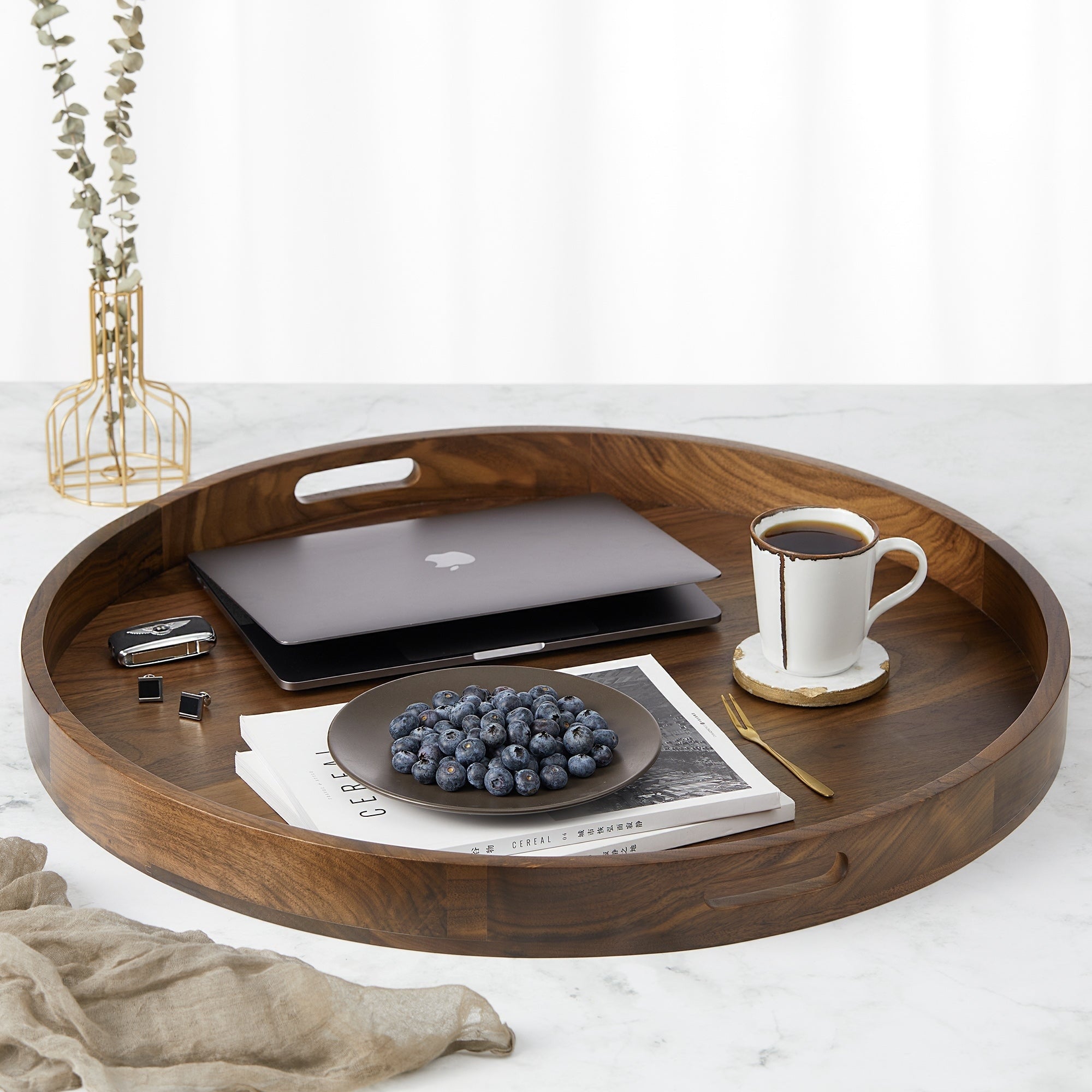 Round Black Walnut Wood Serving Tray Ottoman Tray with Handles