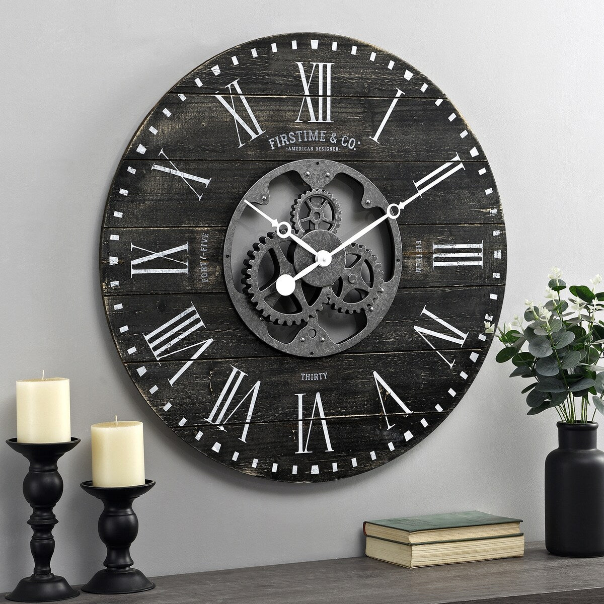 FirsTime & Co. Shiplap Steampunk Farmhouse Wall Clock