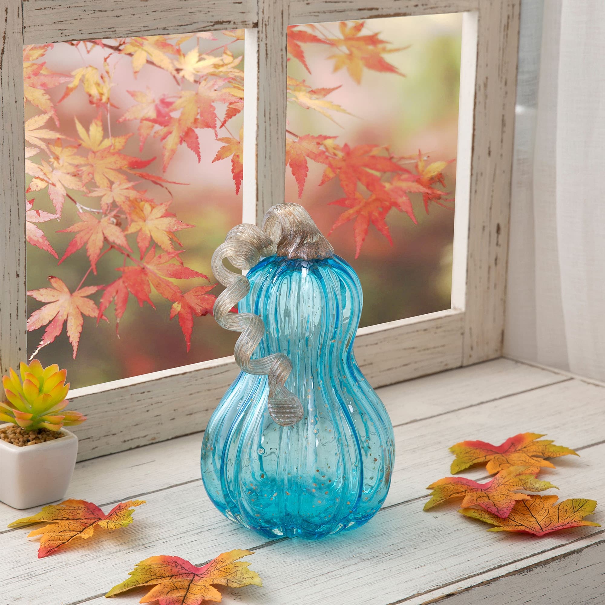 Glitzhome Hand Blown Blue Glass Pumpkin Thanksgiving Table Decor Christmas Gifts