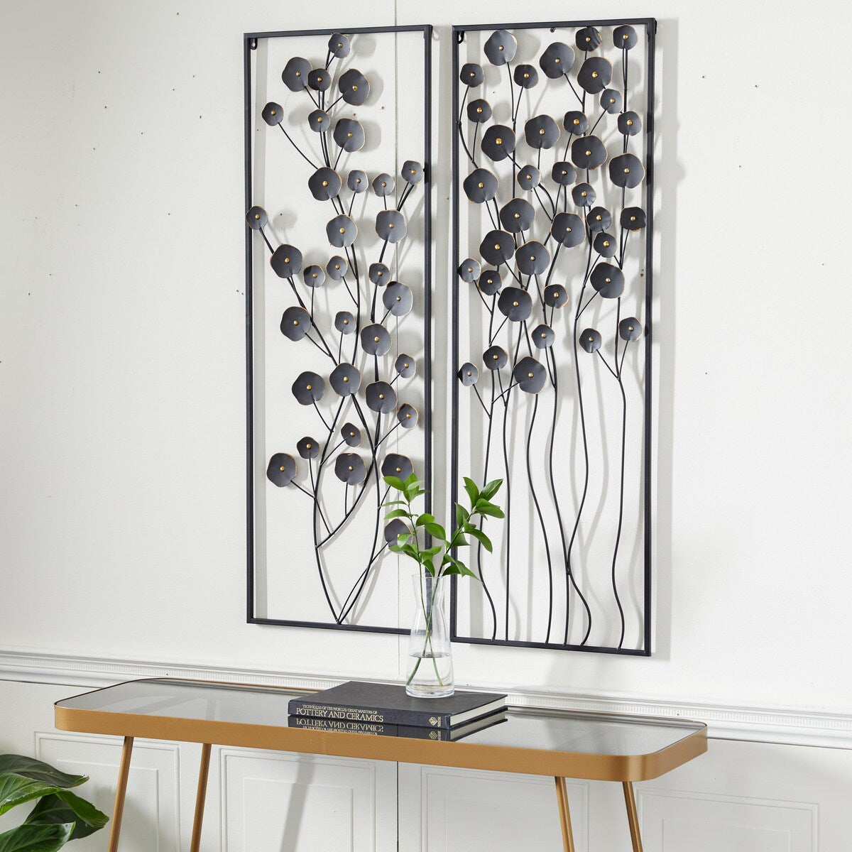 Metal Floral Home Wall Decor with Black Frame - Set of 2 Black - Roche River Decor