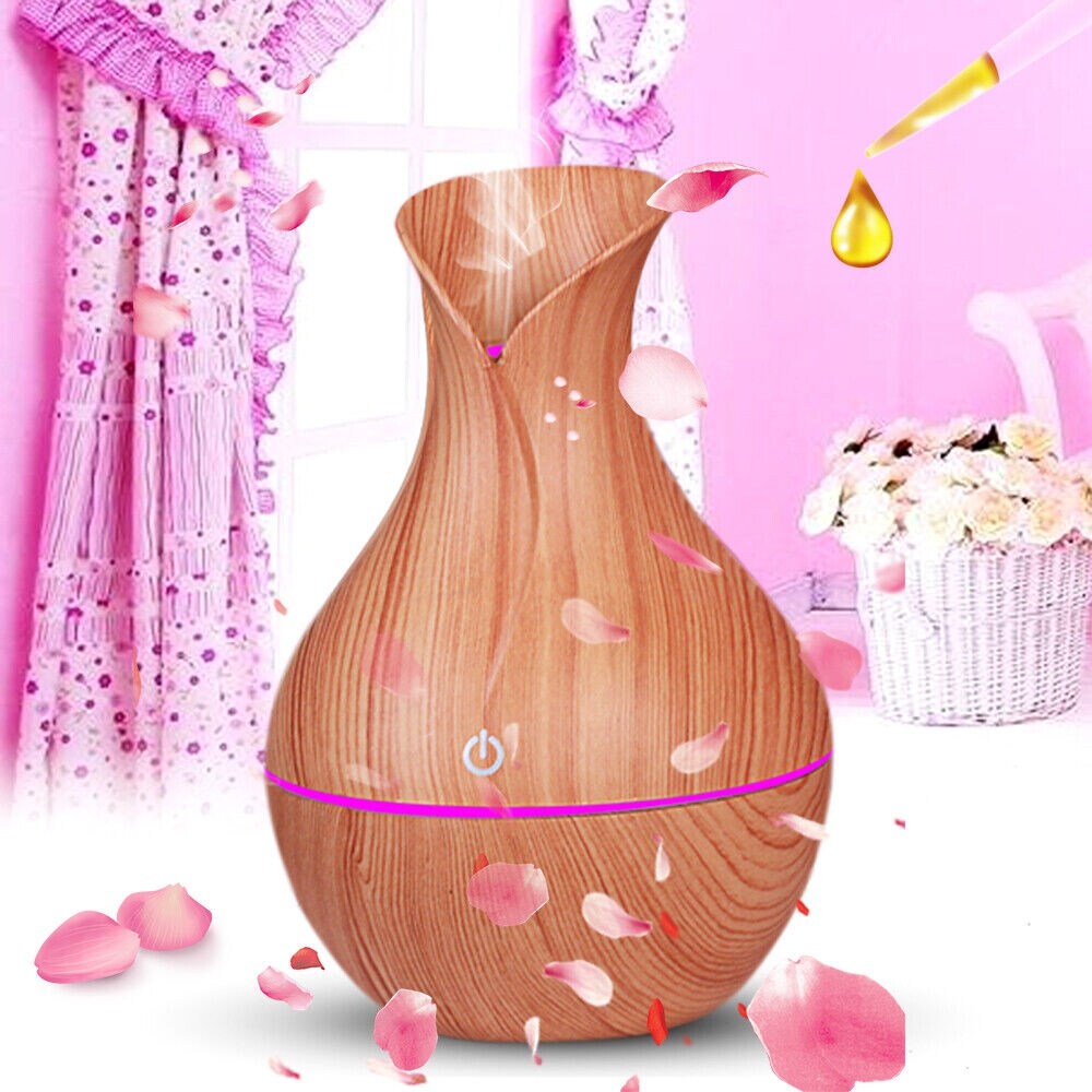 130ml Wood Grain Vase Diffuser with LED Aromatherapy Humidifier