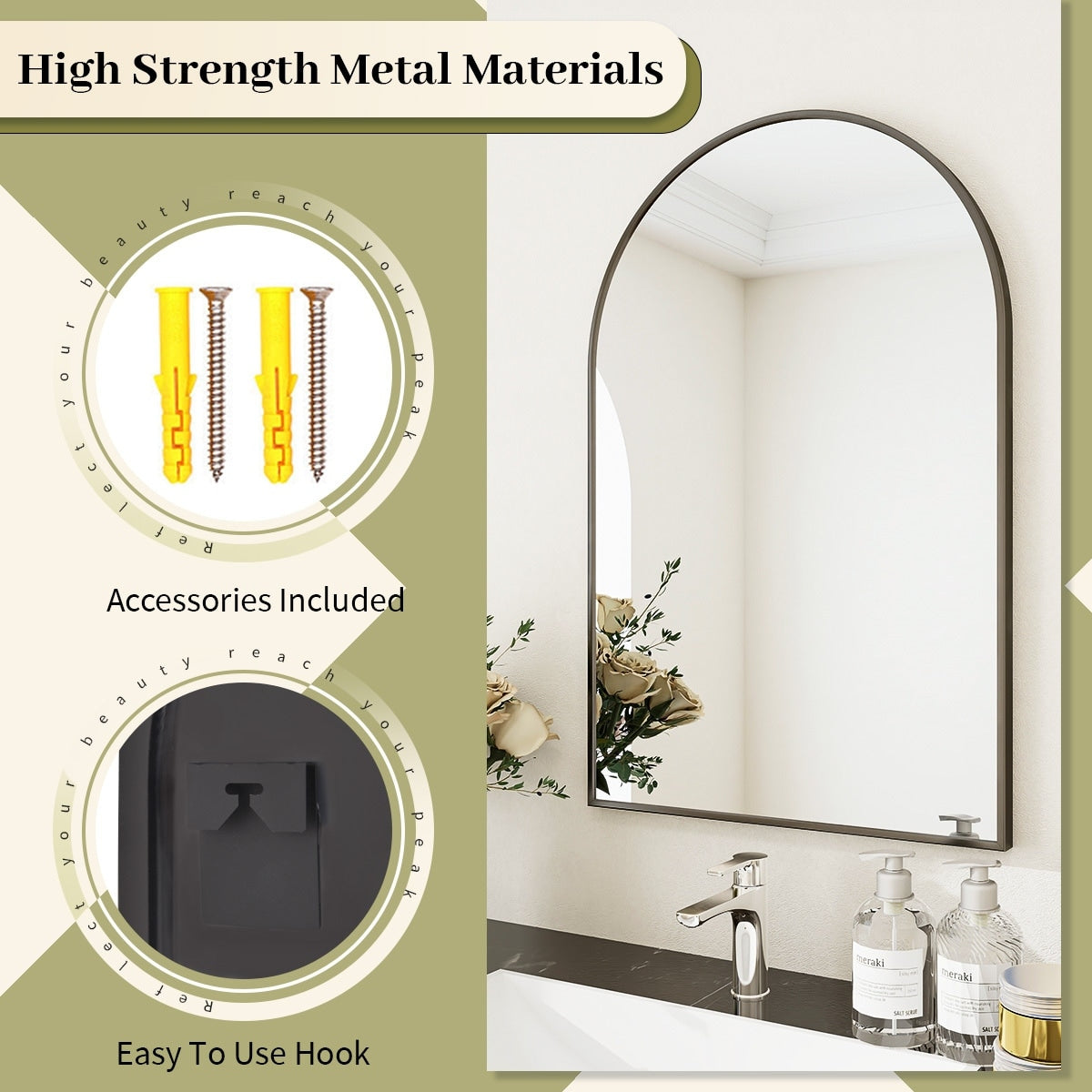 Bathroom Mirror Arch-Top Wall Mounted Decor Mirror