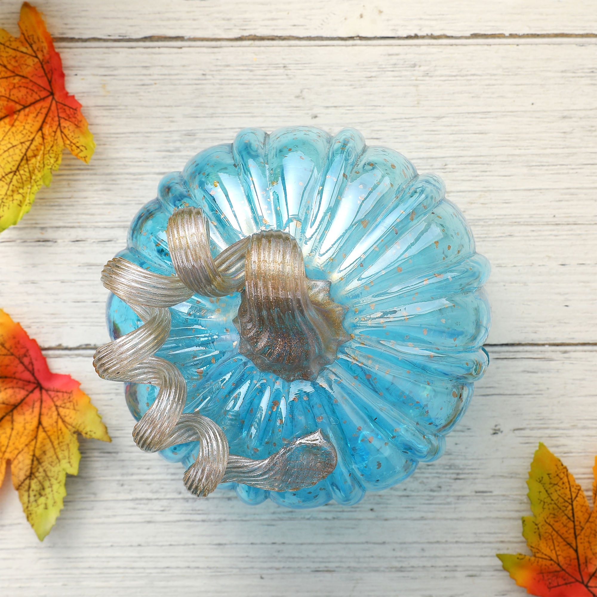 Glitzhome Hand Blown Blue Glass Pumpkin Thanksgiving Table Decor Christmas Gifts