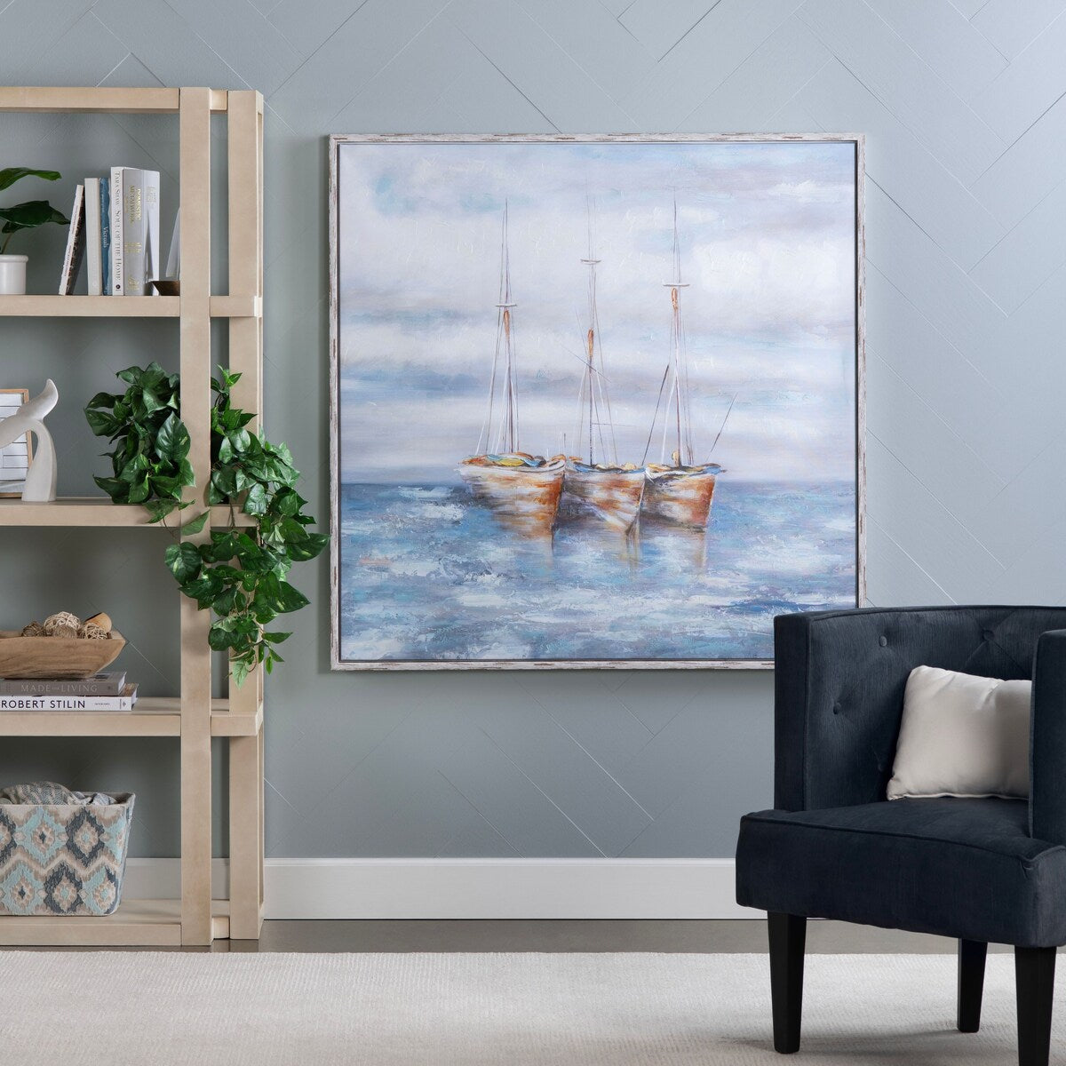 Triple Sailings Canvas Wall Art with White Frame - Blue