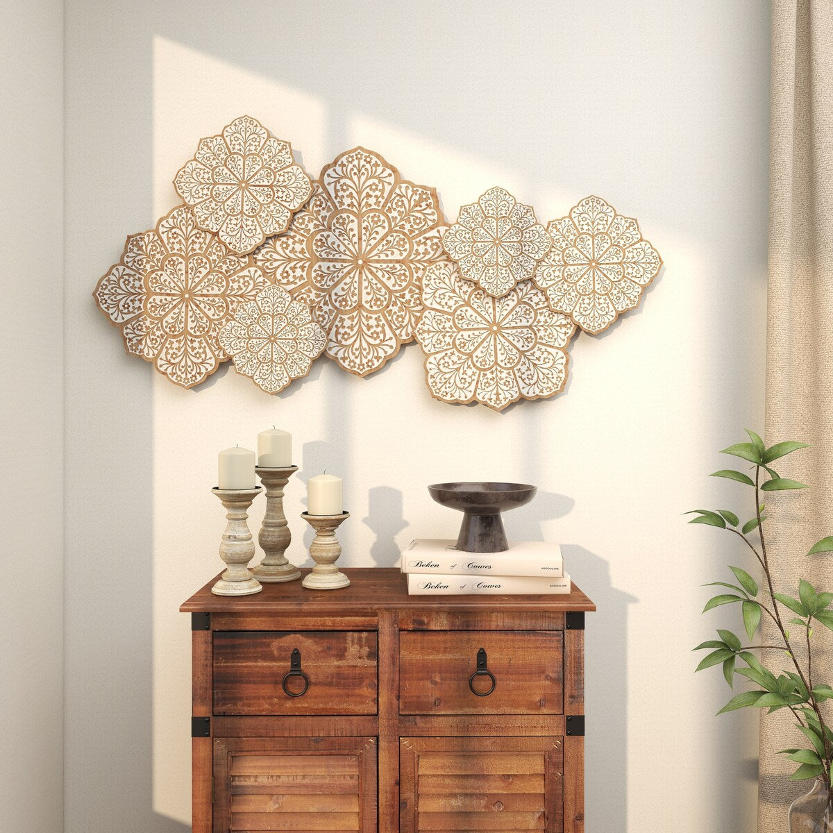 Wood Floral Intricately Carved Home Wall Decor - White - Roche River Decor